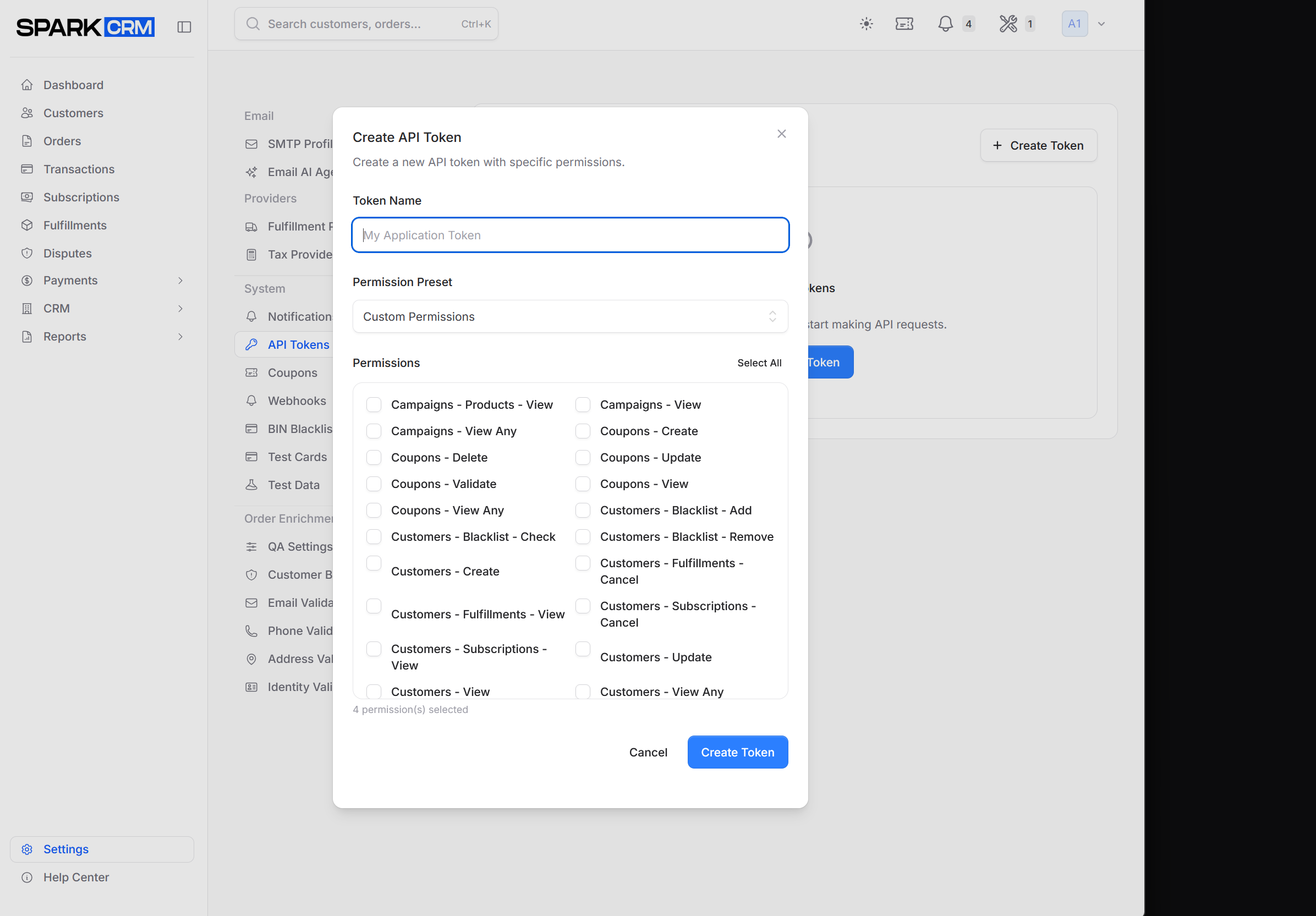 screenshot of create token modal