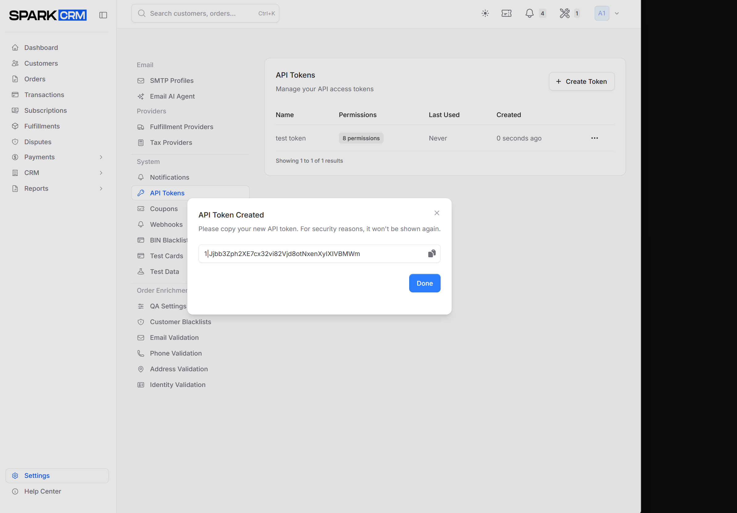 screenshot of token display with copy button