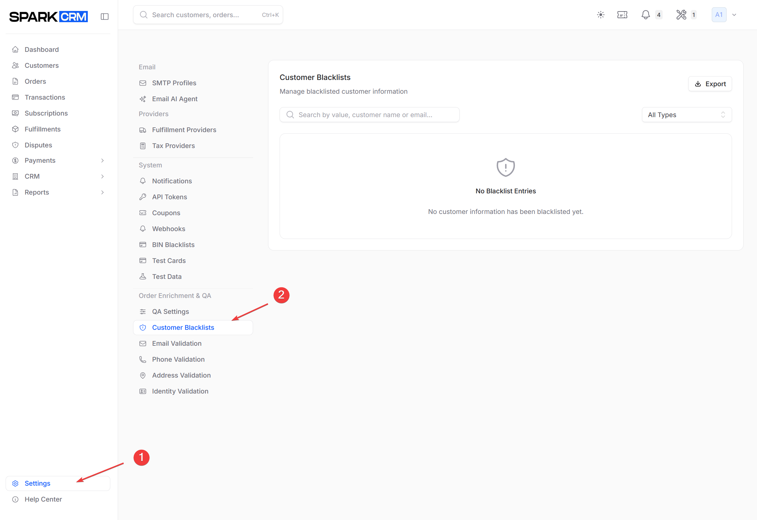 screenshot of customer blacklists page