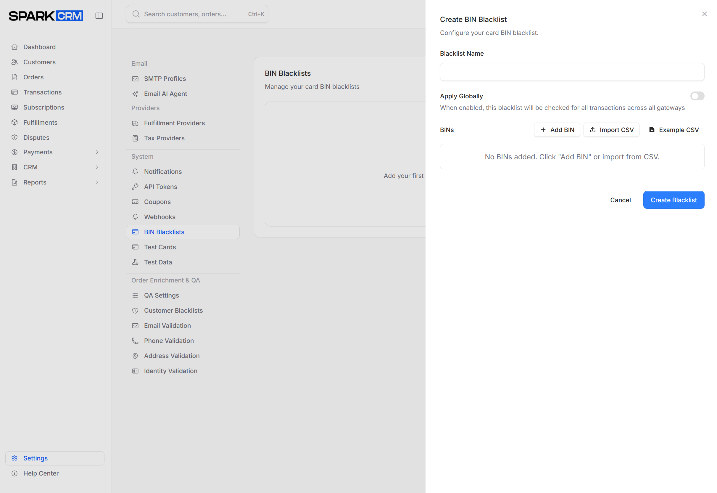 screenshot of add BIN form
