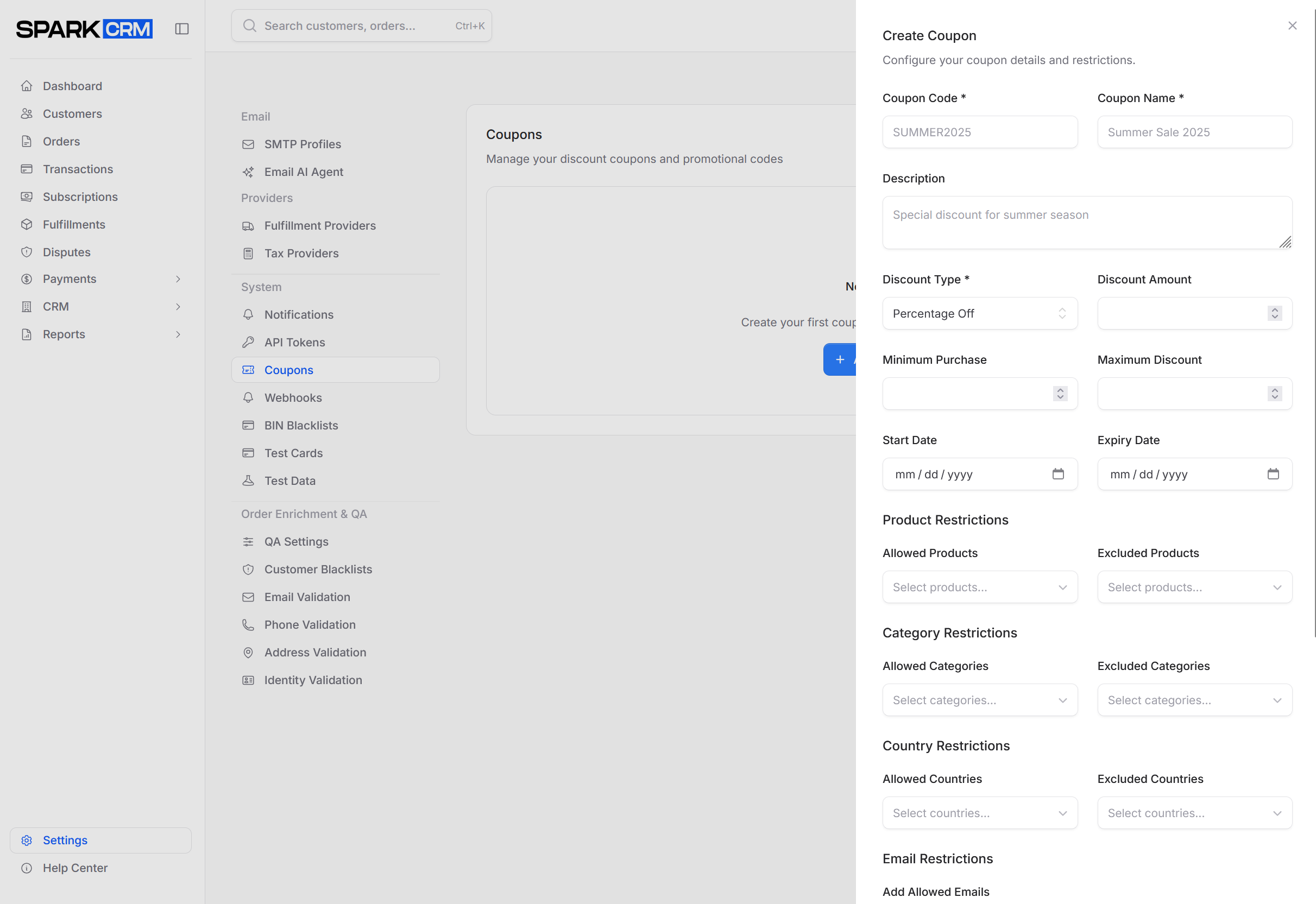 screenshot of create coupon form