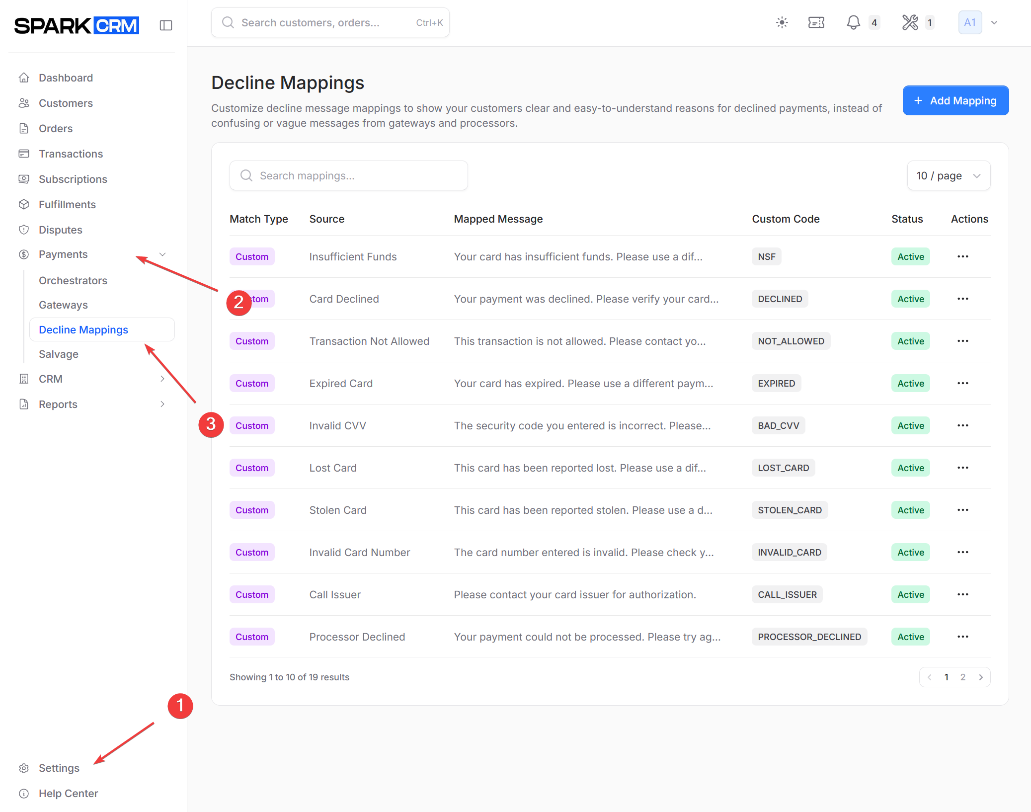 screenshot of decline mappings list page