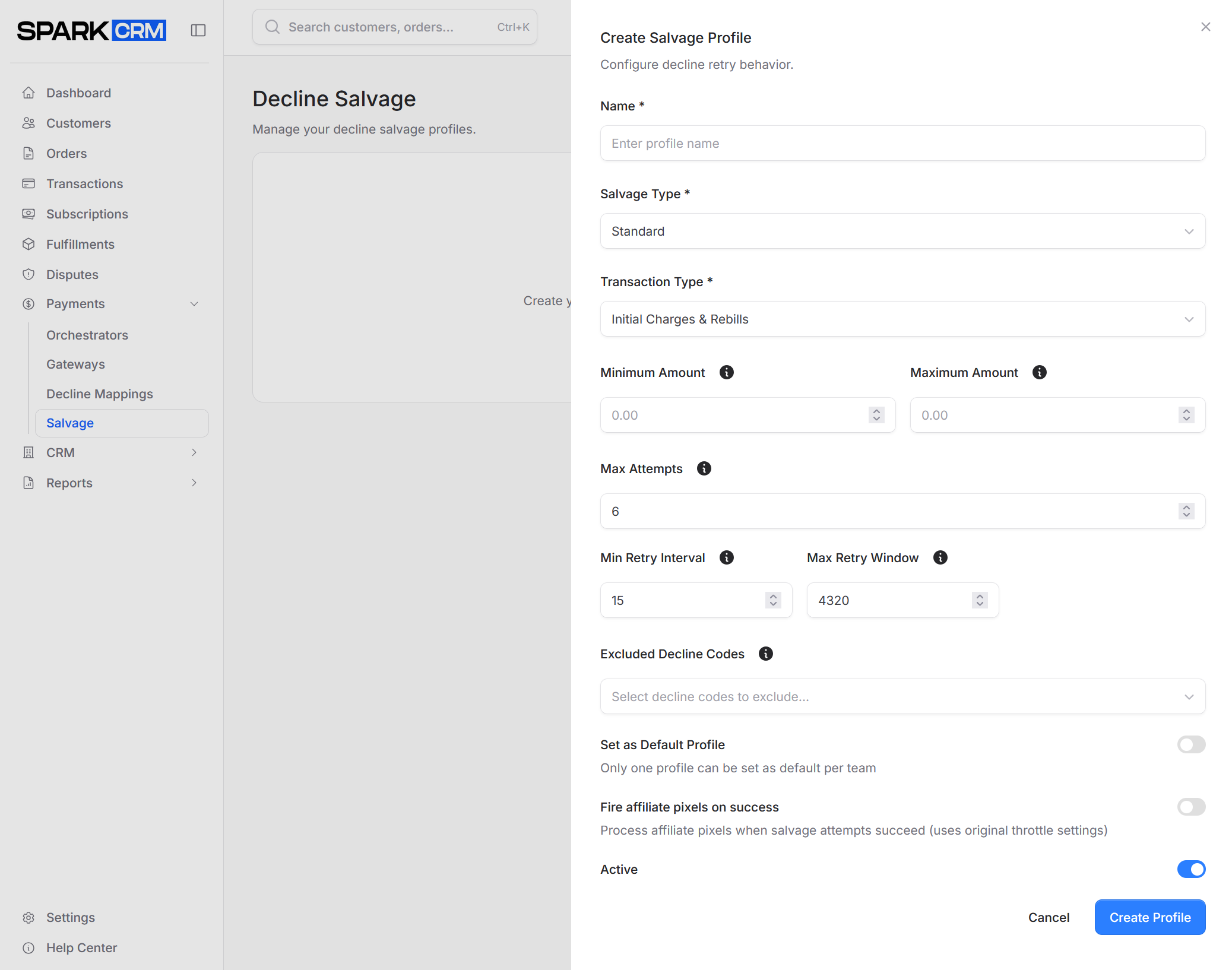 screenshot of salvage profile form - basic settings