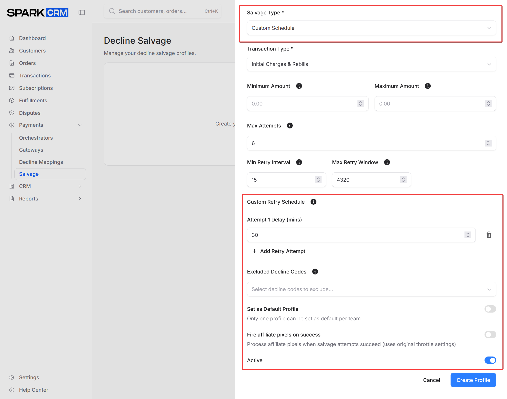screenshot of custom retry schedule configuration