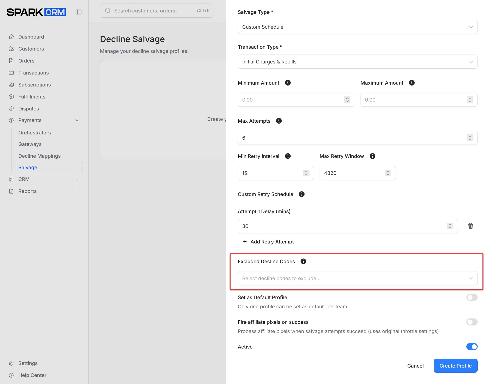 screenshot of exclusions configuration