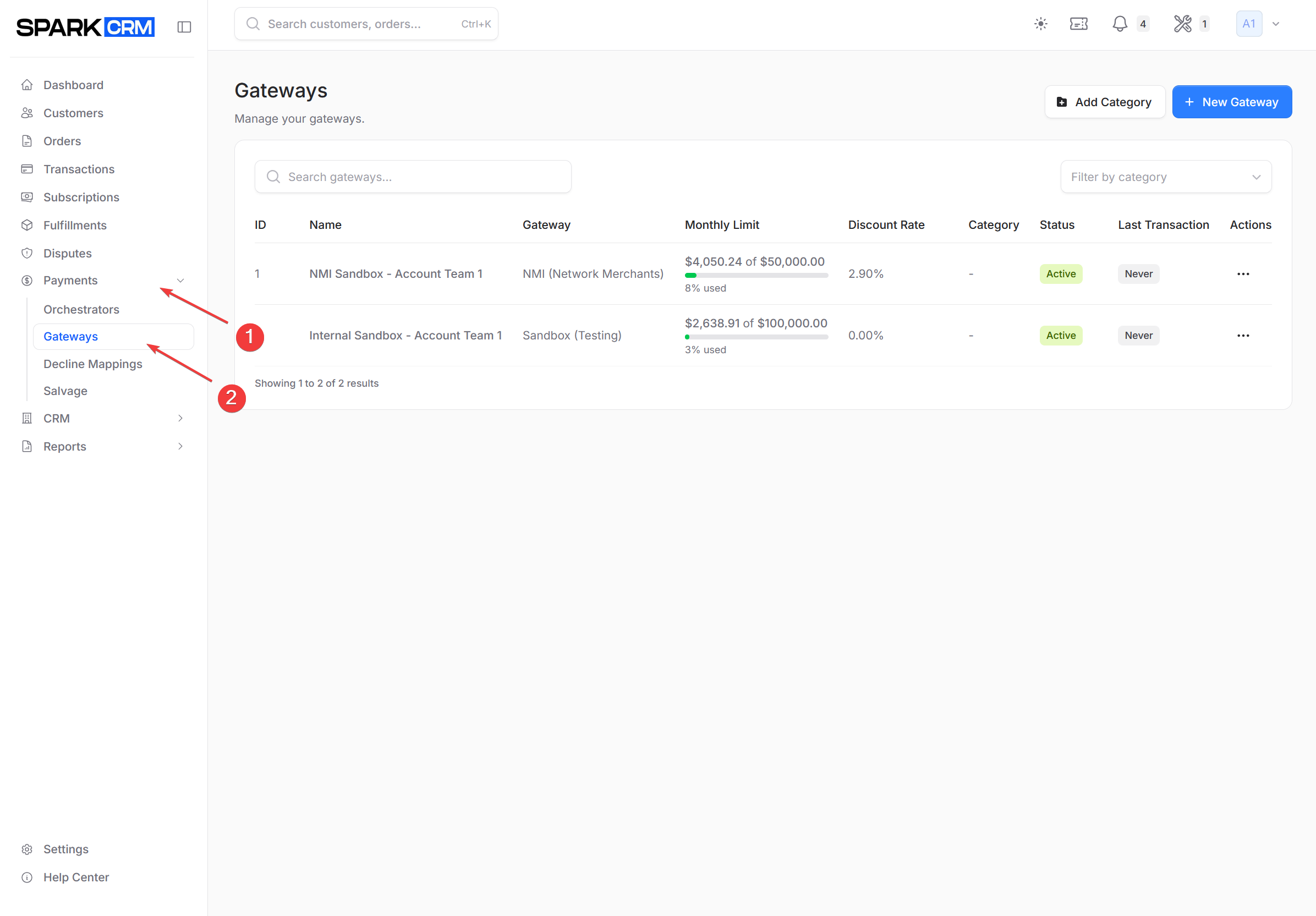 screenshot of gateways list page