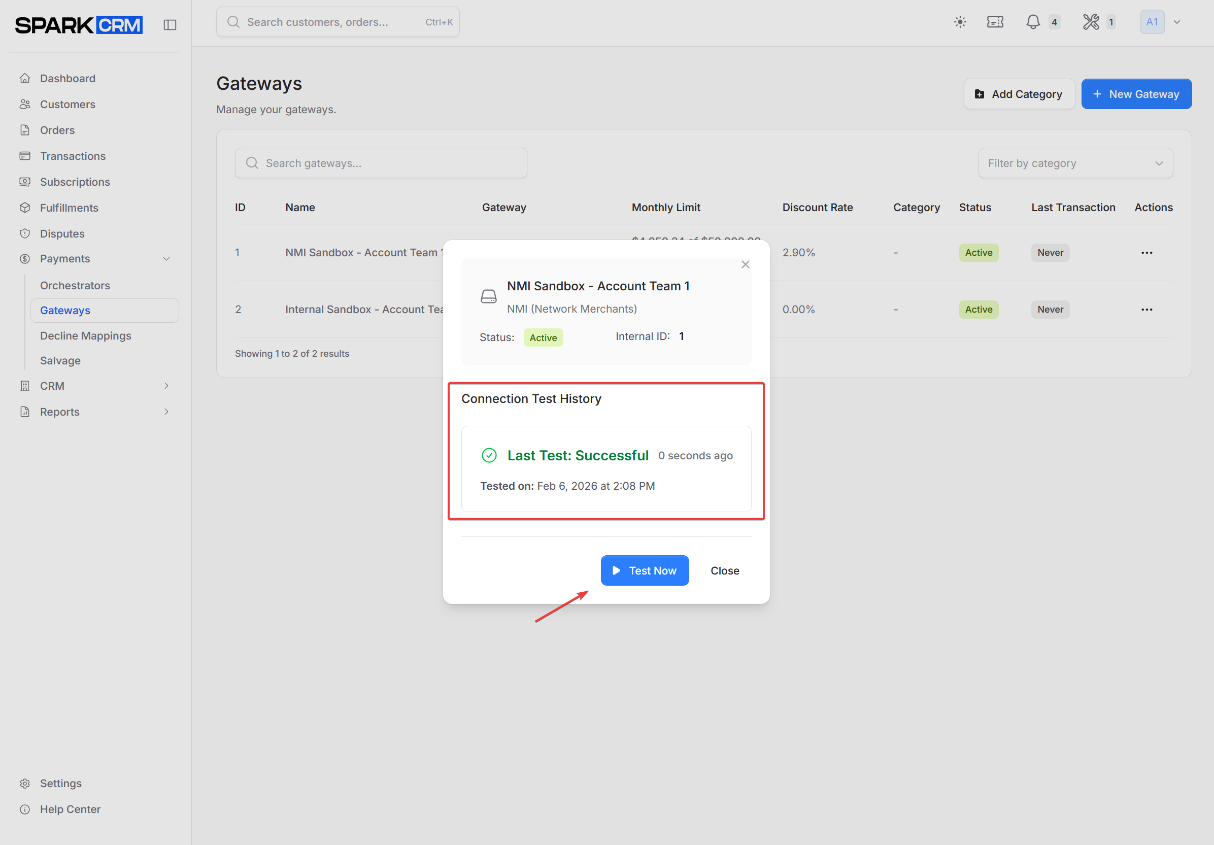 screenshot of connection test success message