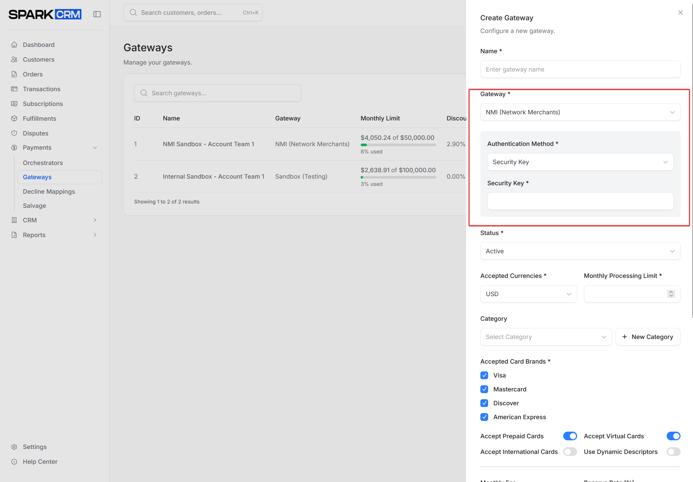 screenshot of NMI credentials form