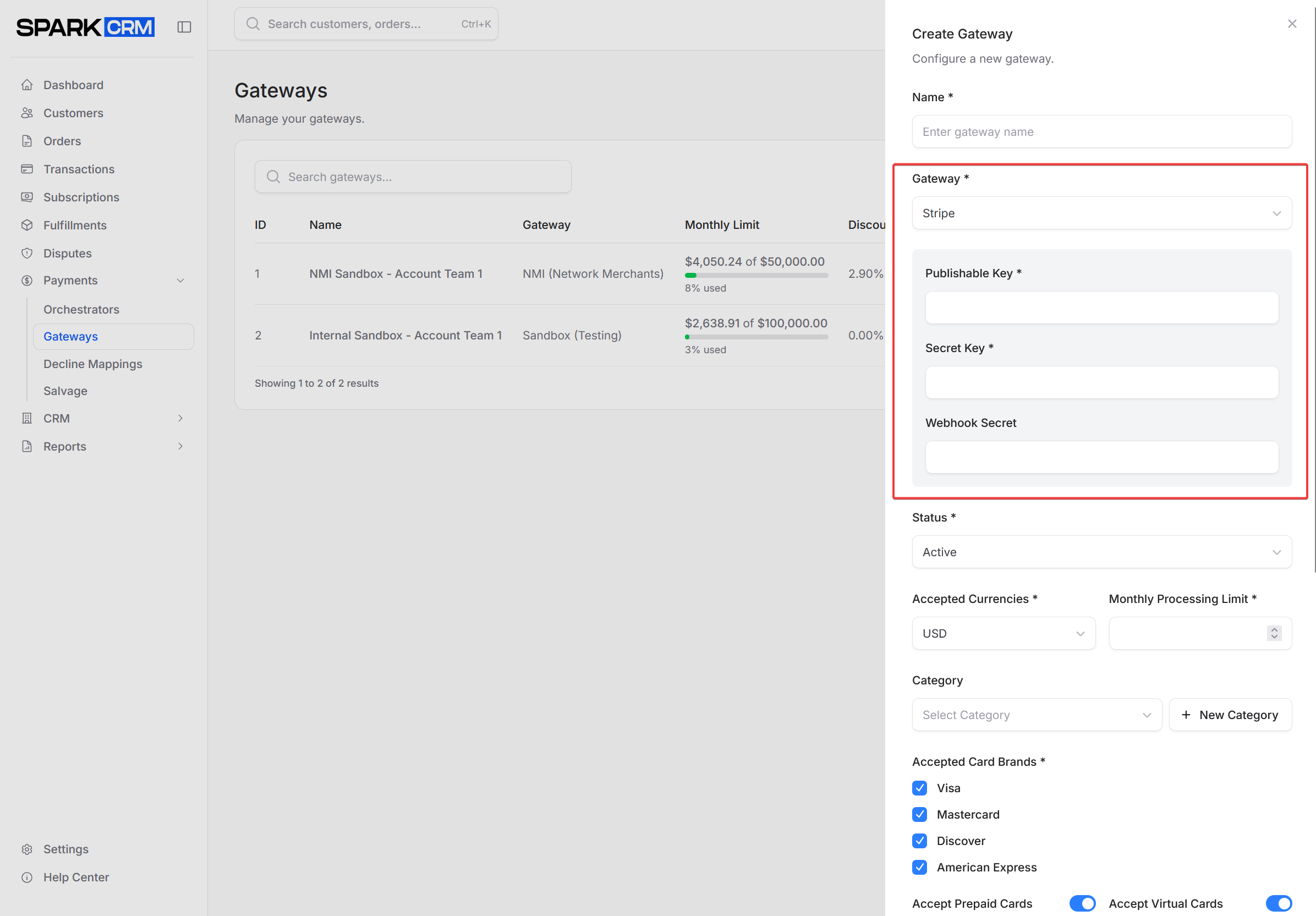 screenshot of Stripe credentials form