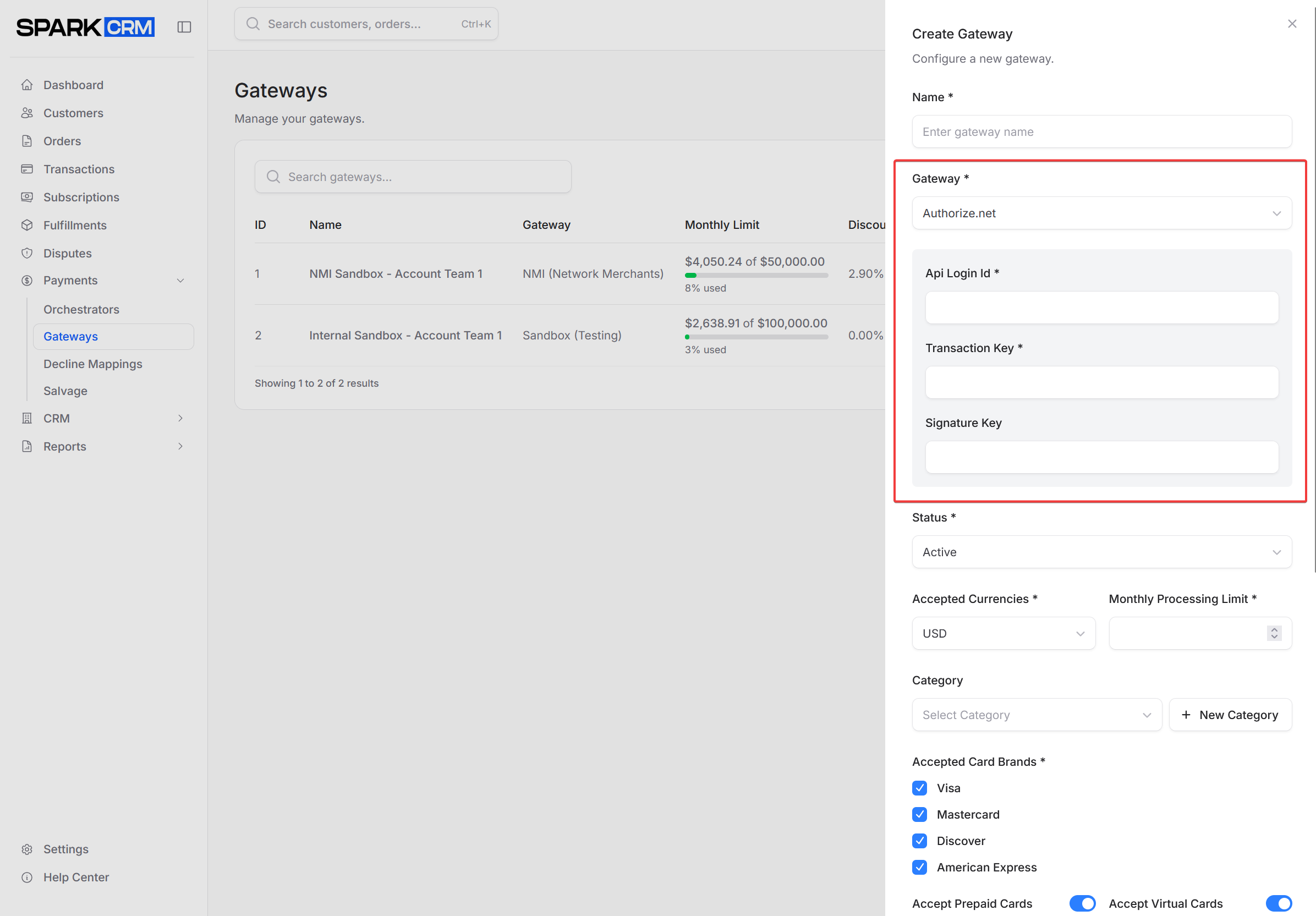 screenshot of Authorize.net credentials form