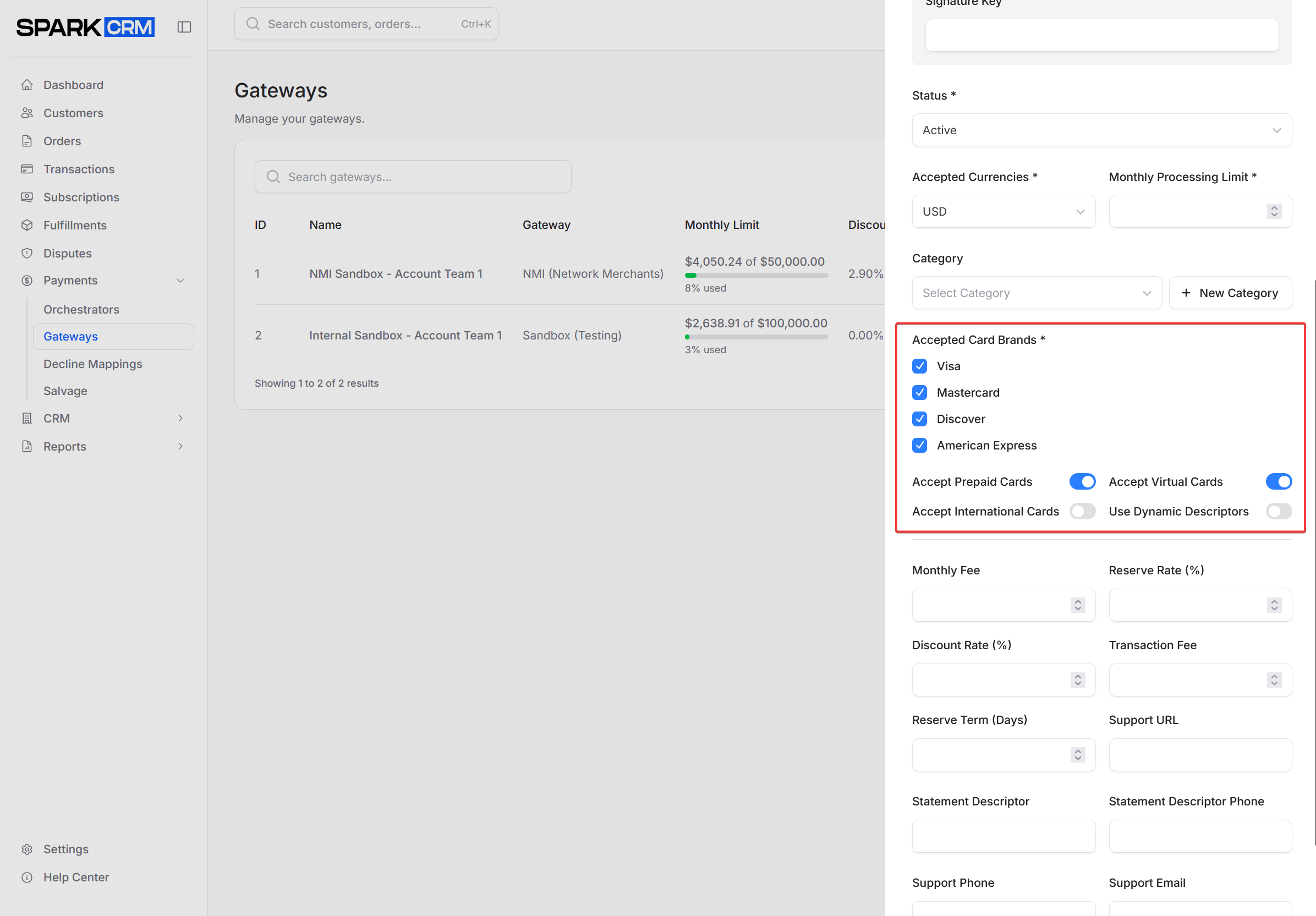 screenshot of card processing settings section