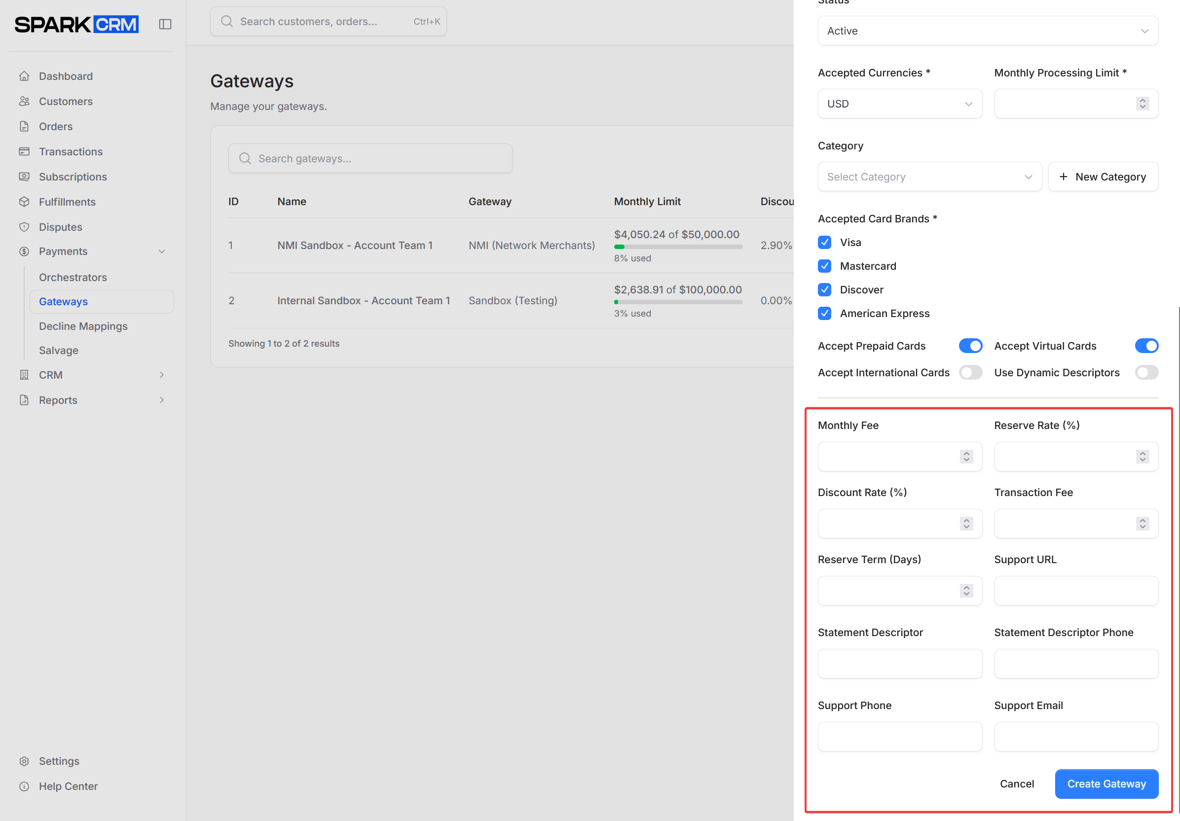 screenshot of financial settings section