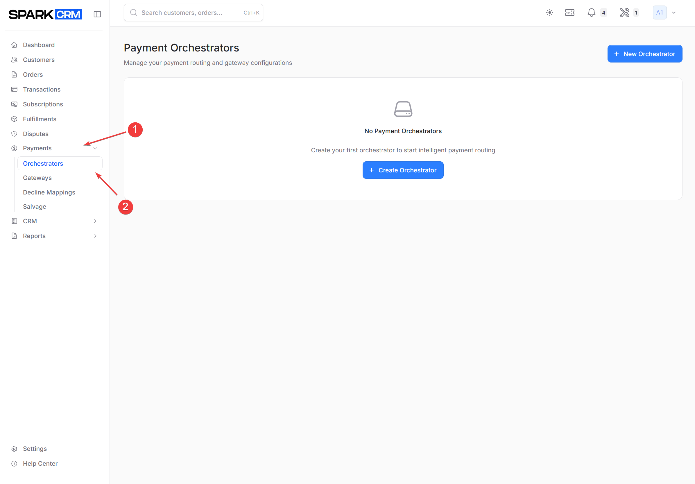 screenshot of payment orchestrators list page