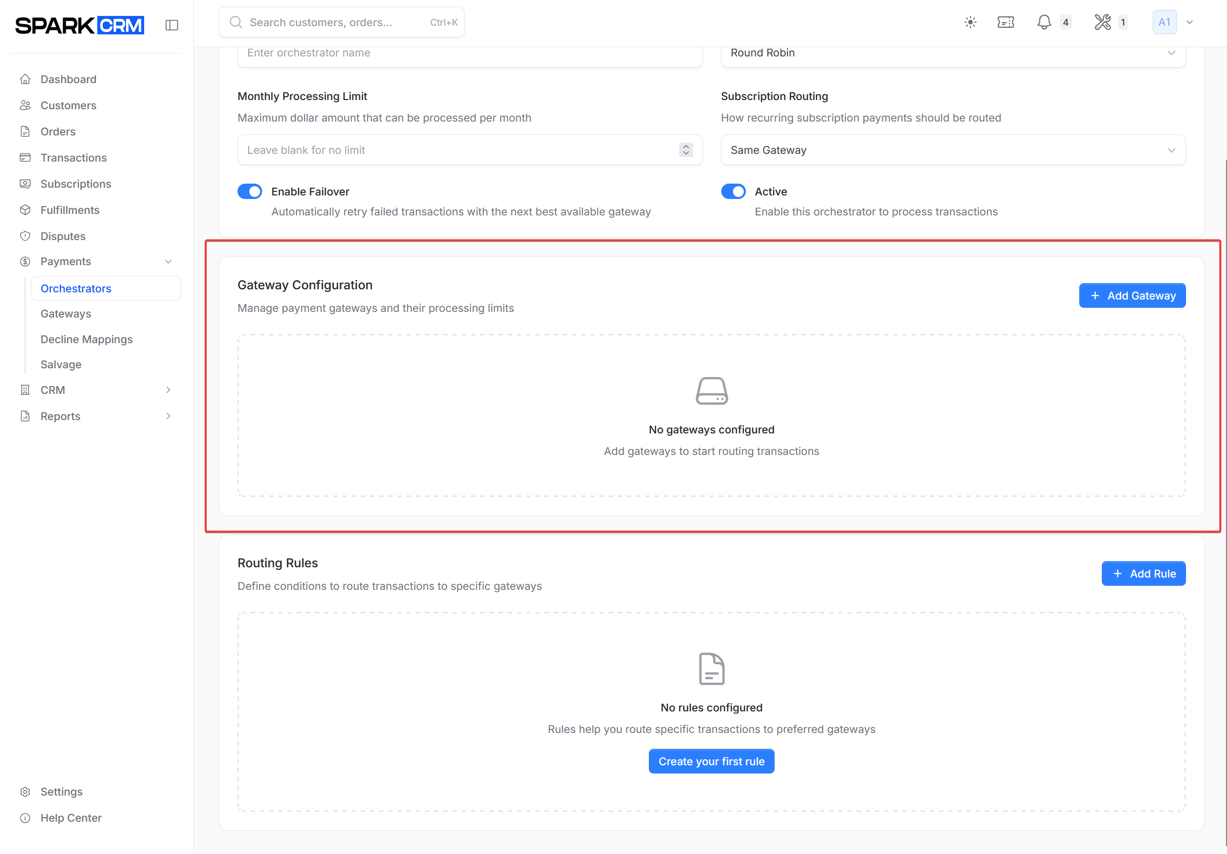 screenshot of gateway selection section