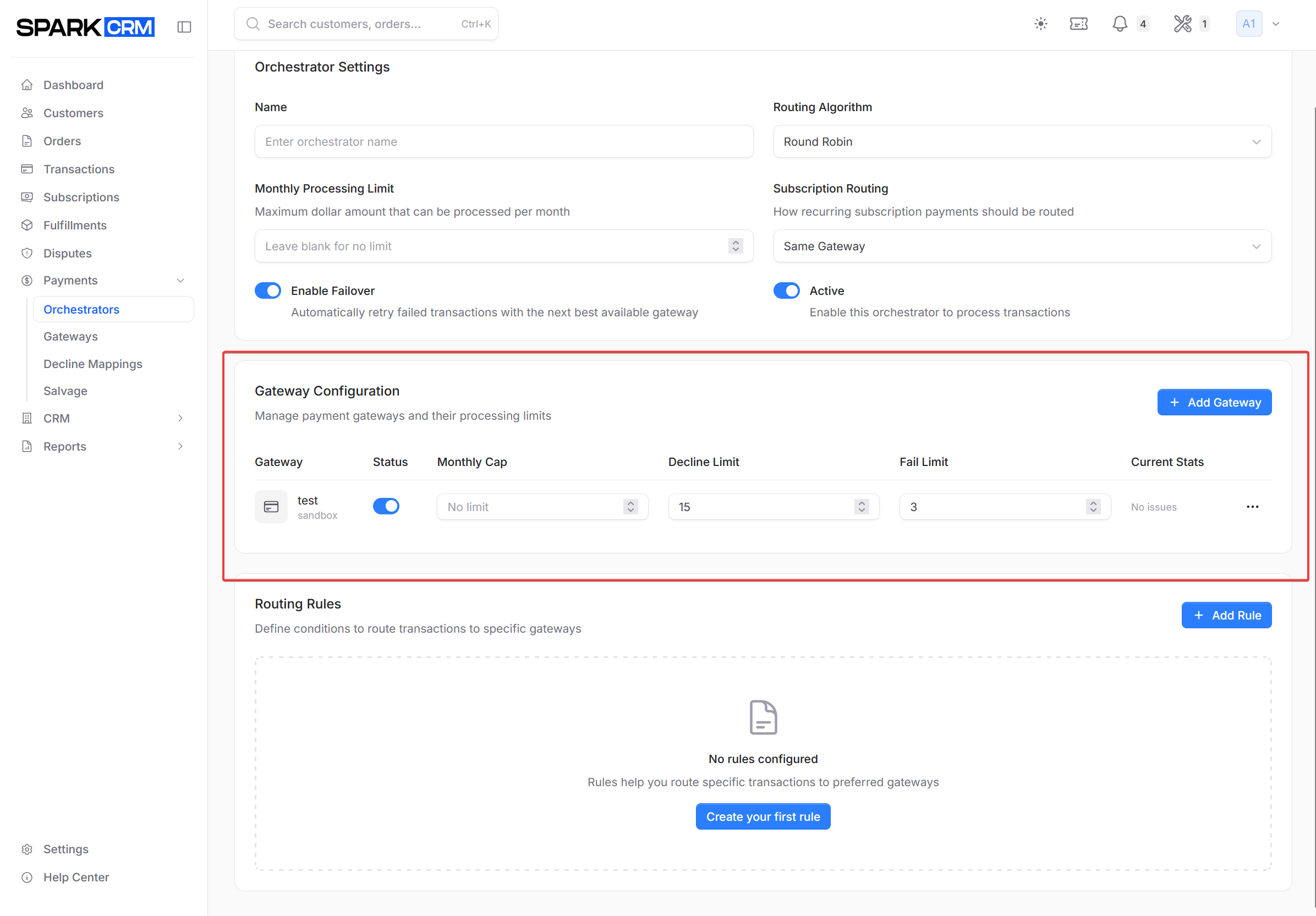 screenshot of per-gateway settings modal