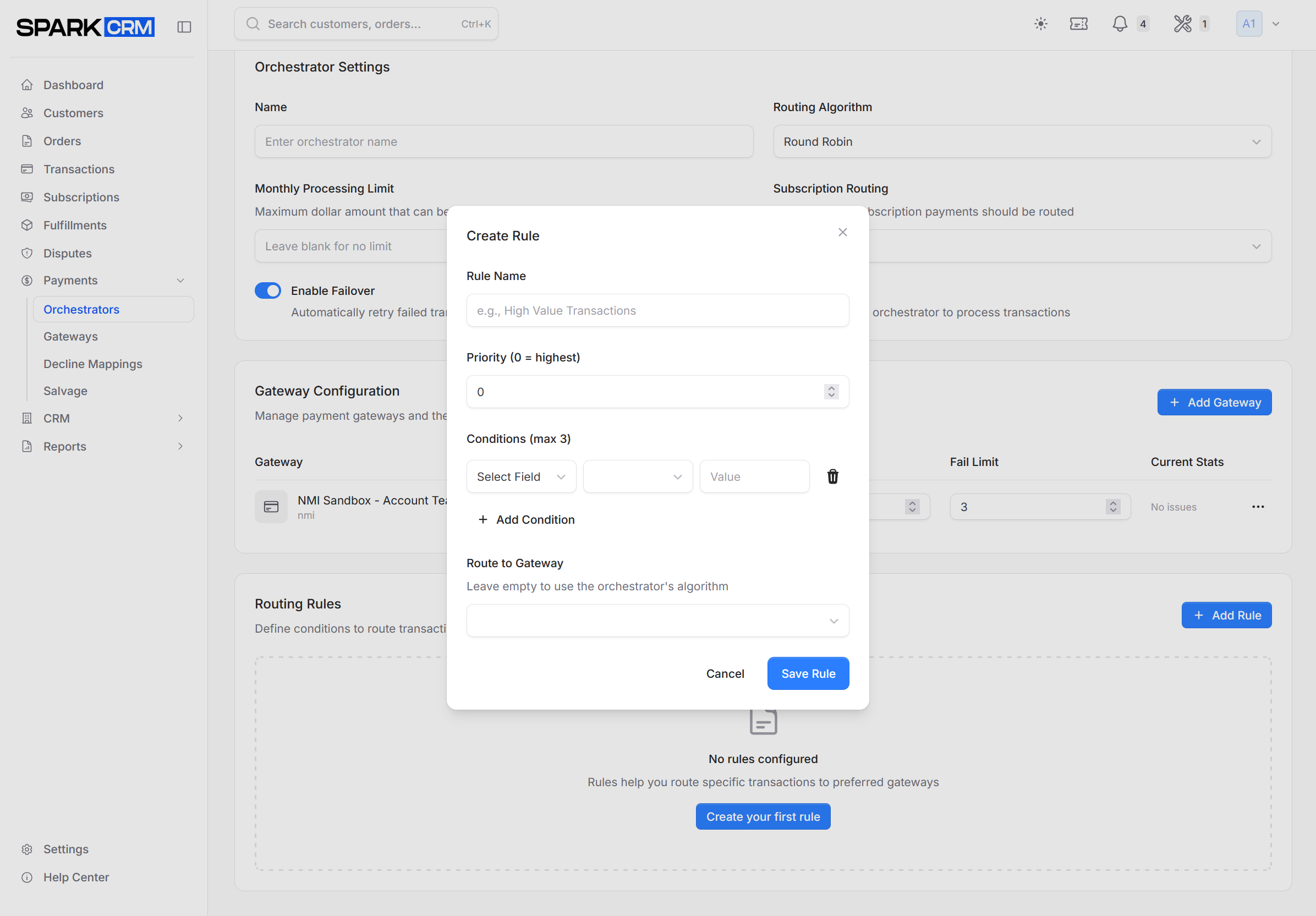 screenshot of rule creation modal
