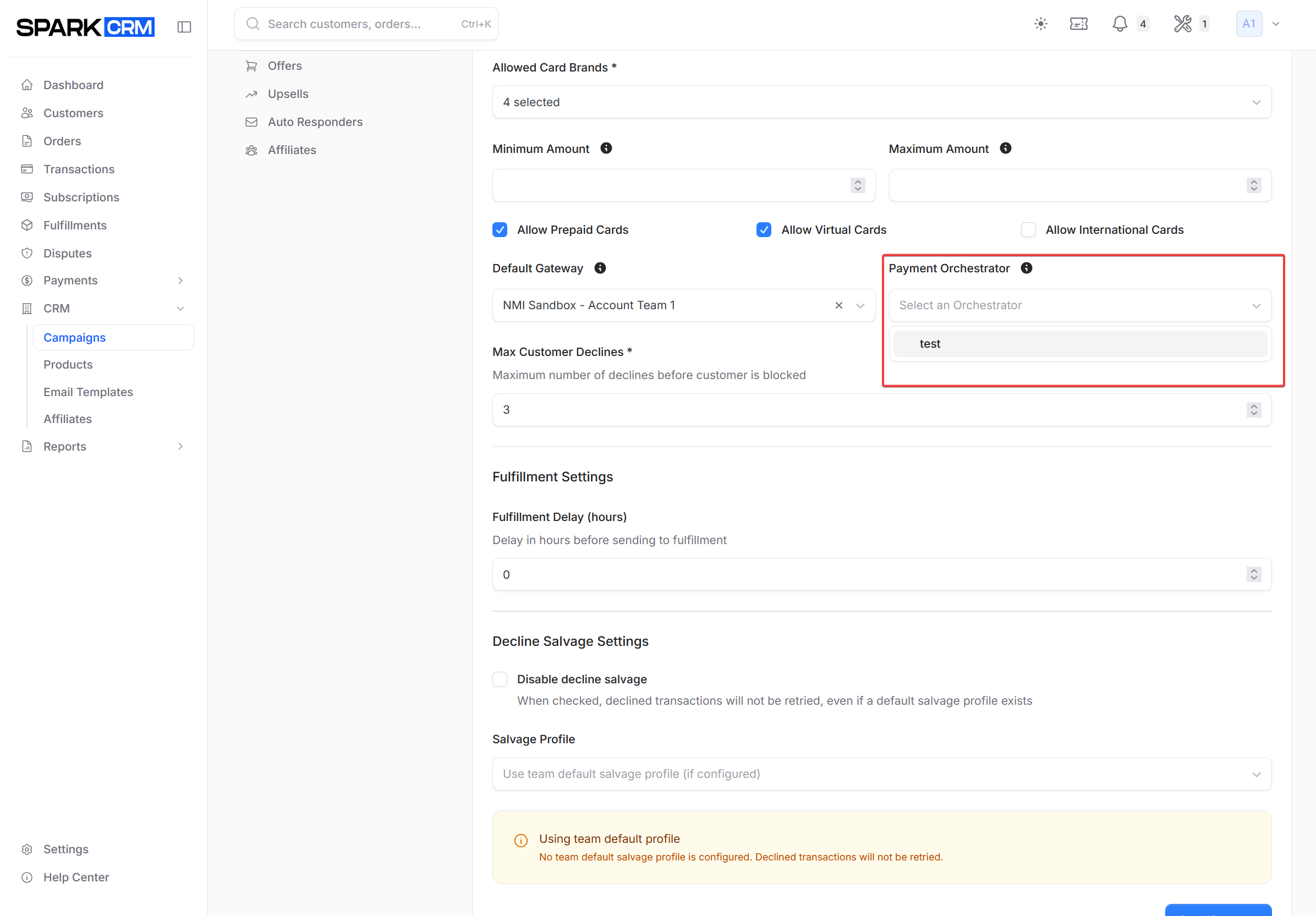 screenshot of campaign payment orchestrator selection