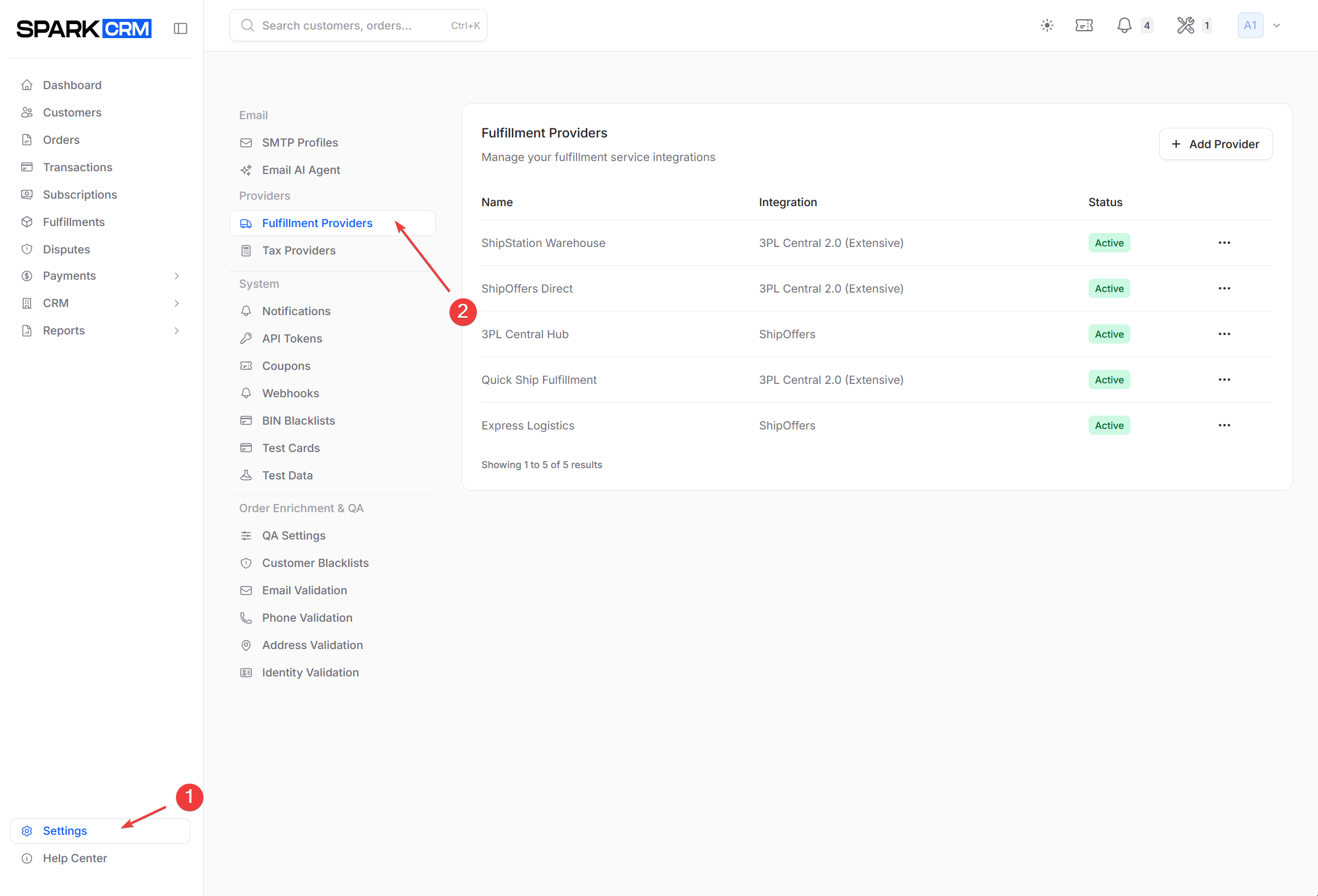 screenshot of Fulfillment Providers settings page