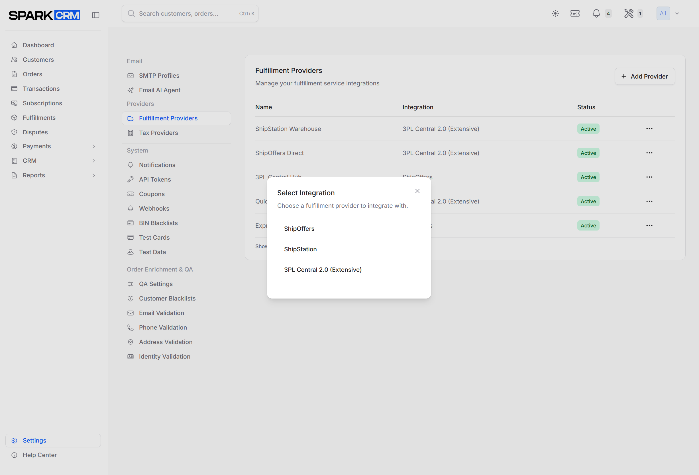 screenshot of add fulfillment provider form