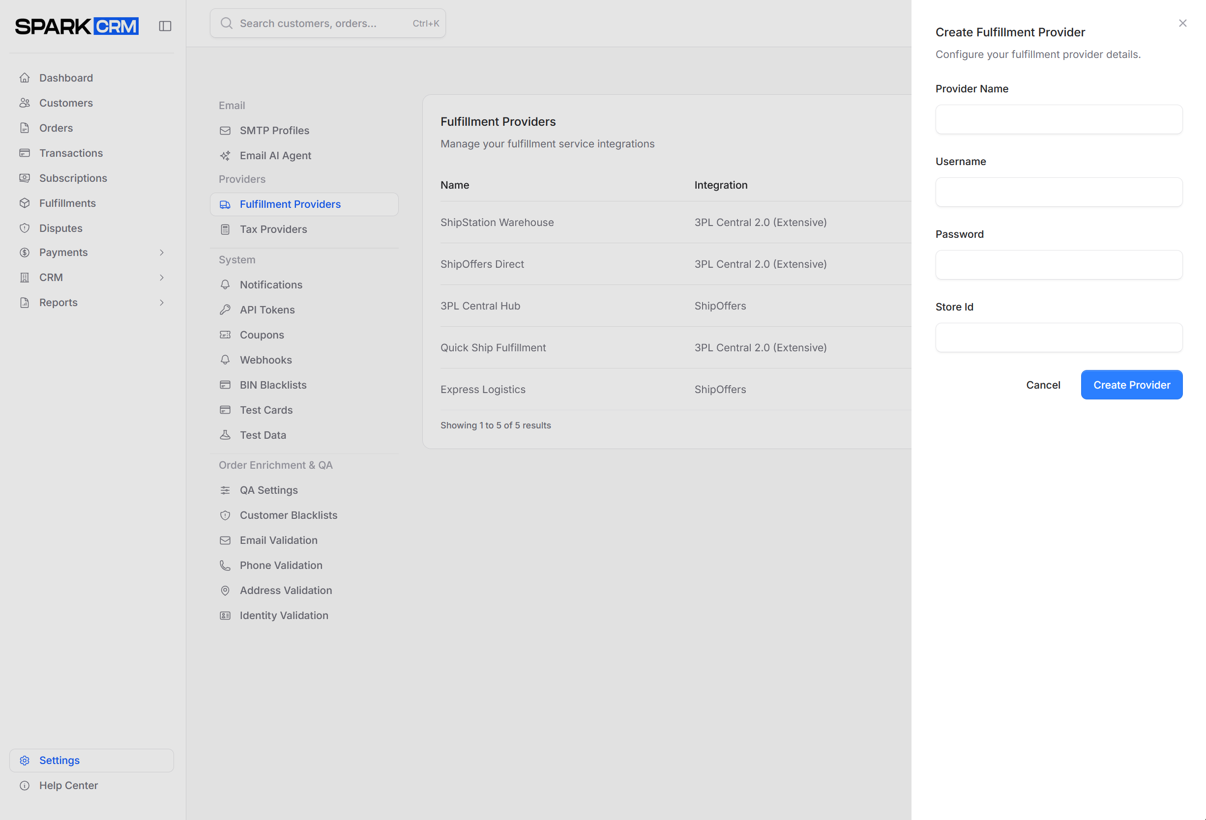 screenshot of add fulfillment provider form
