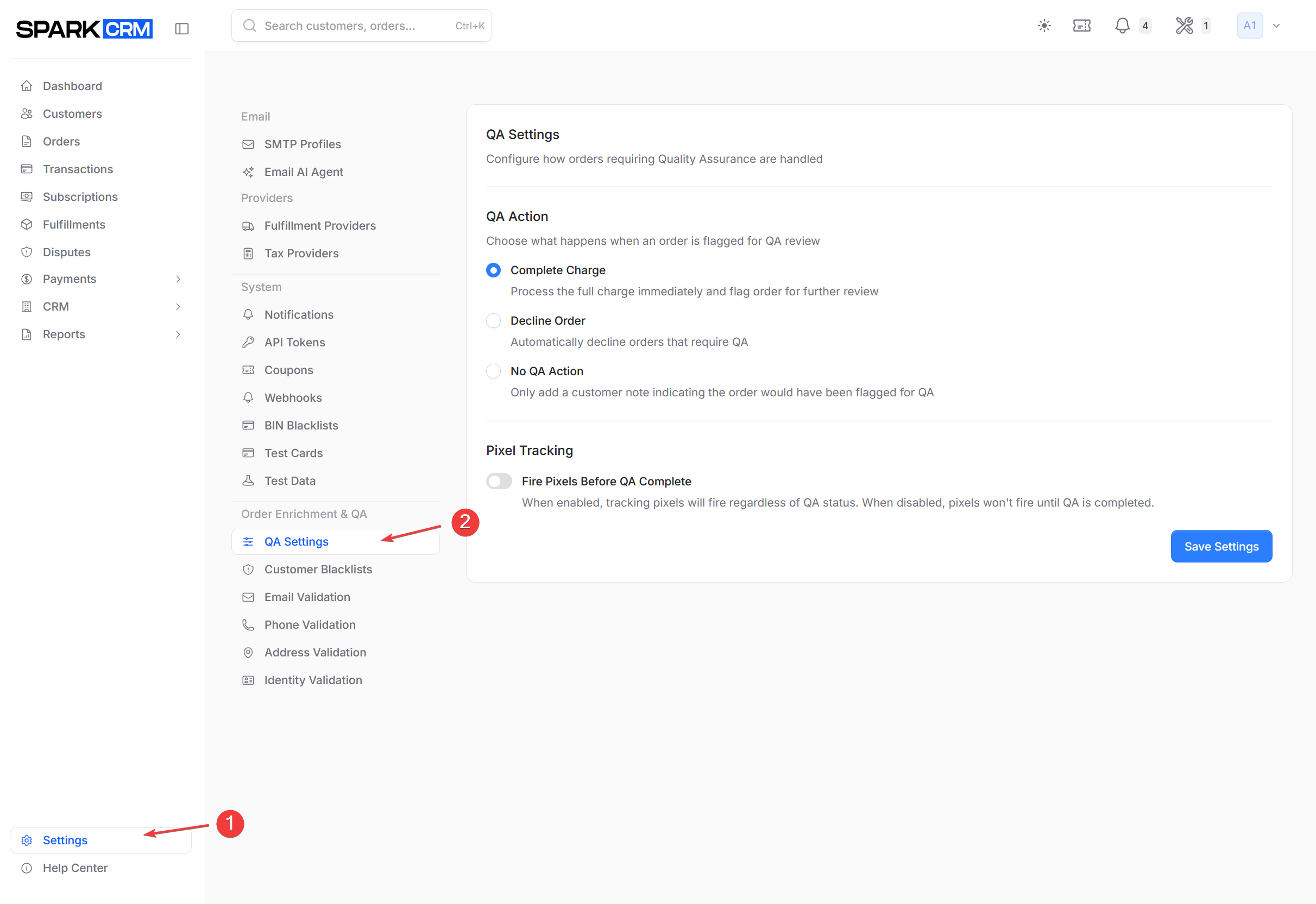 screenshot of customer QA Settings page