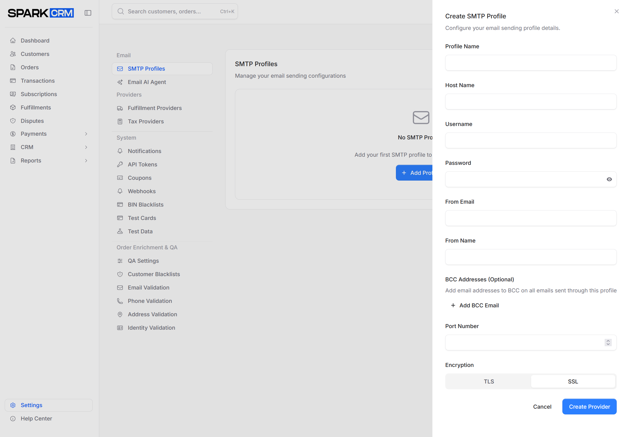 screenshot of add SMTP provider form
