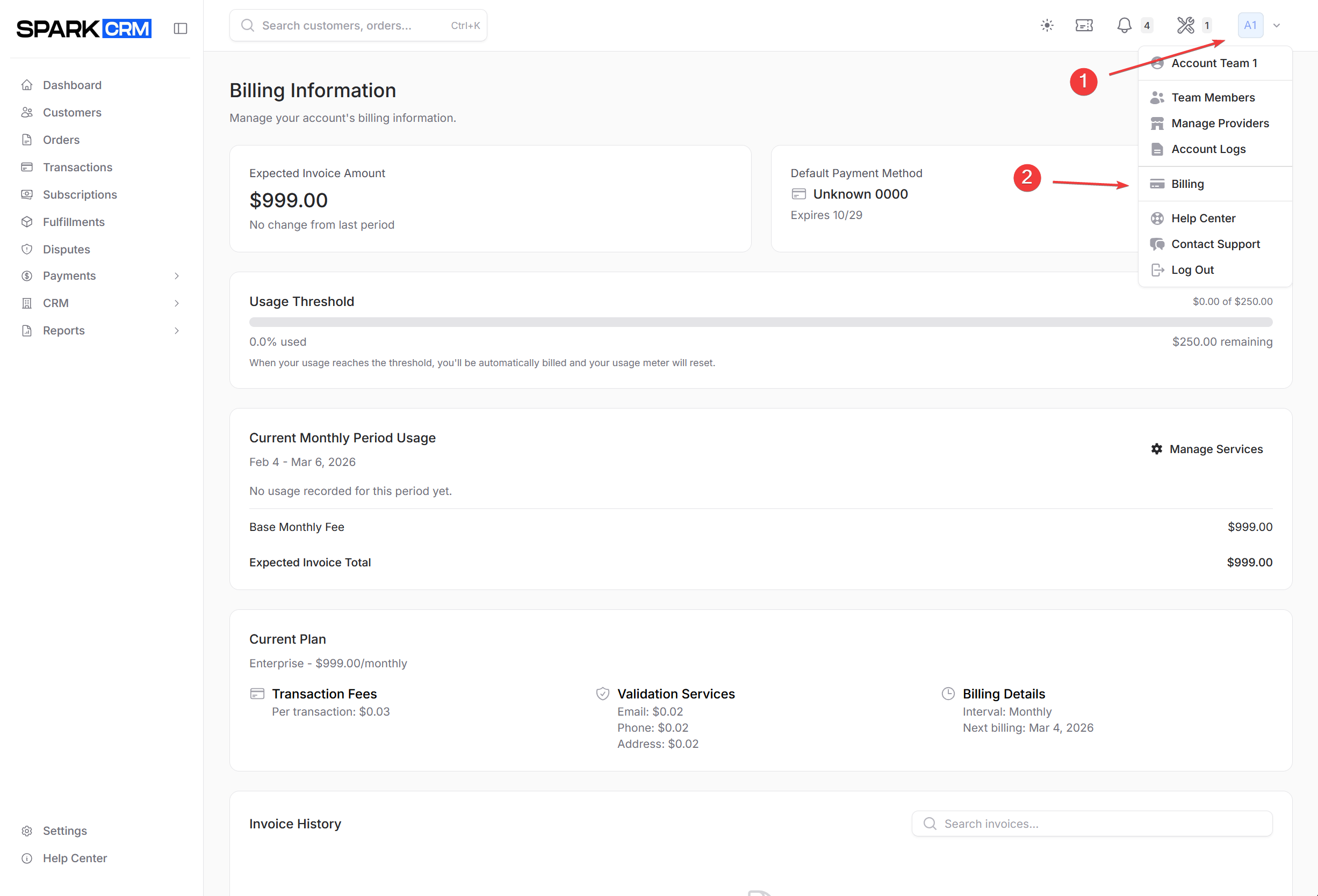 screenshot of billing page