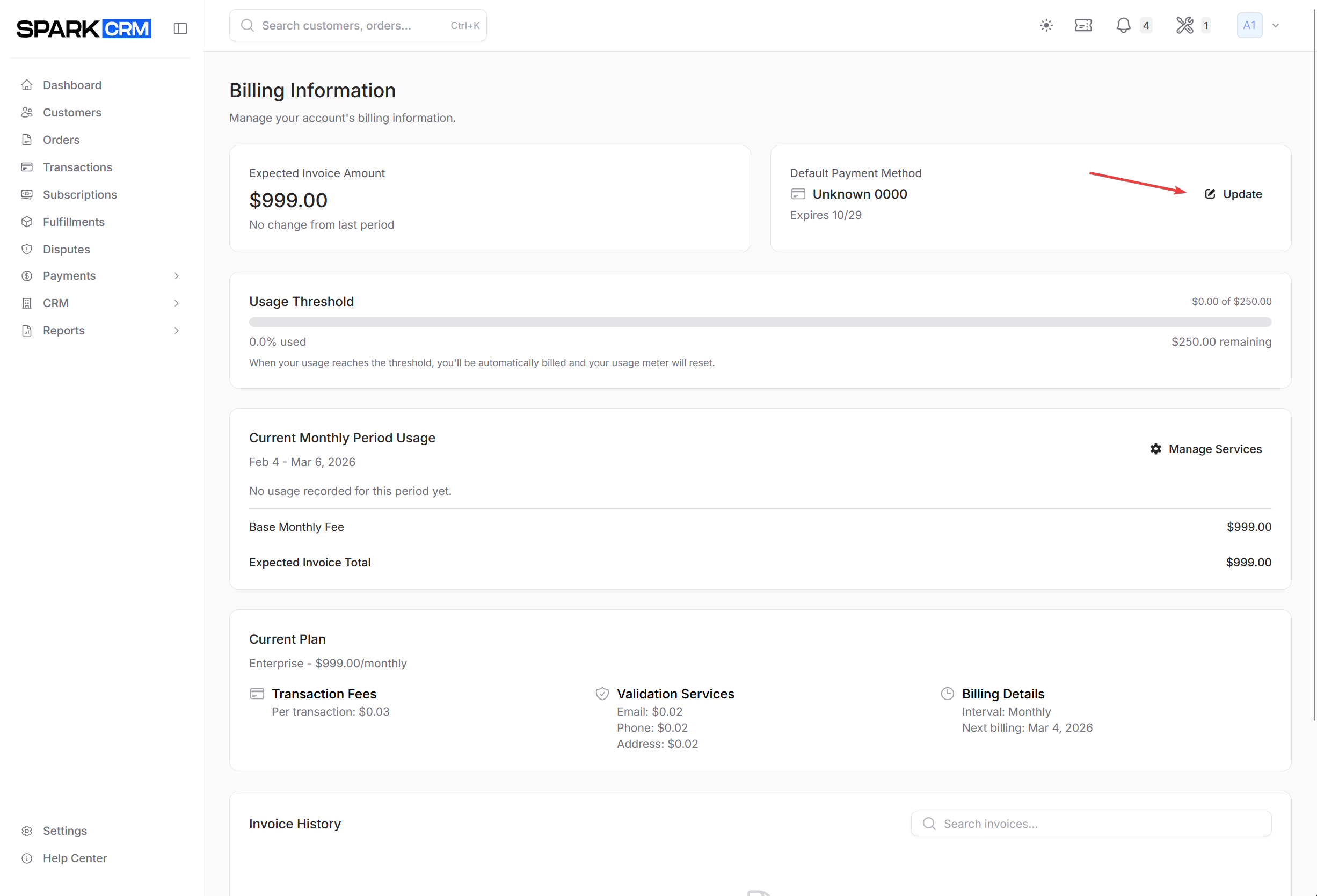 screenshot of payment methods section