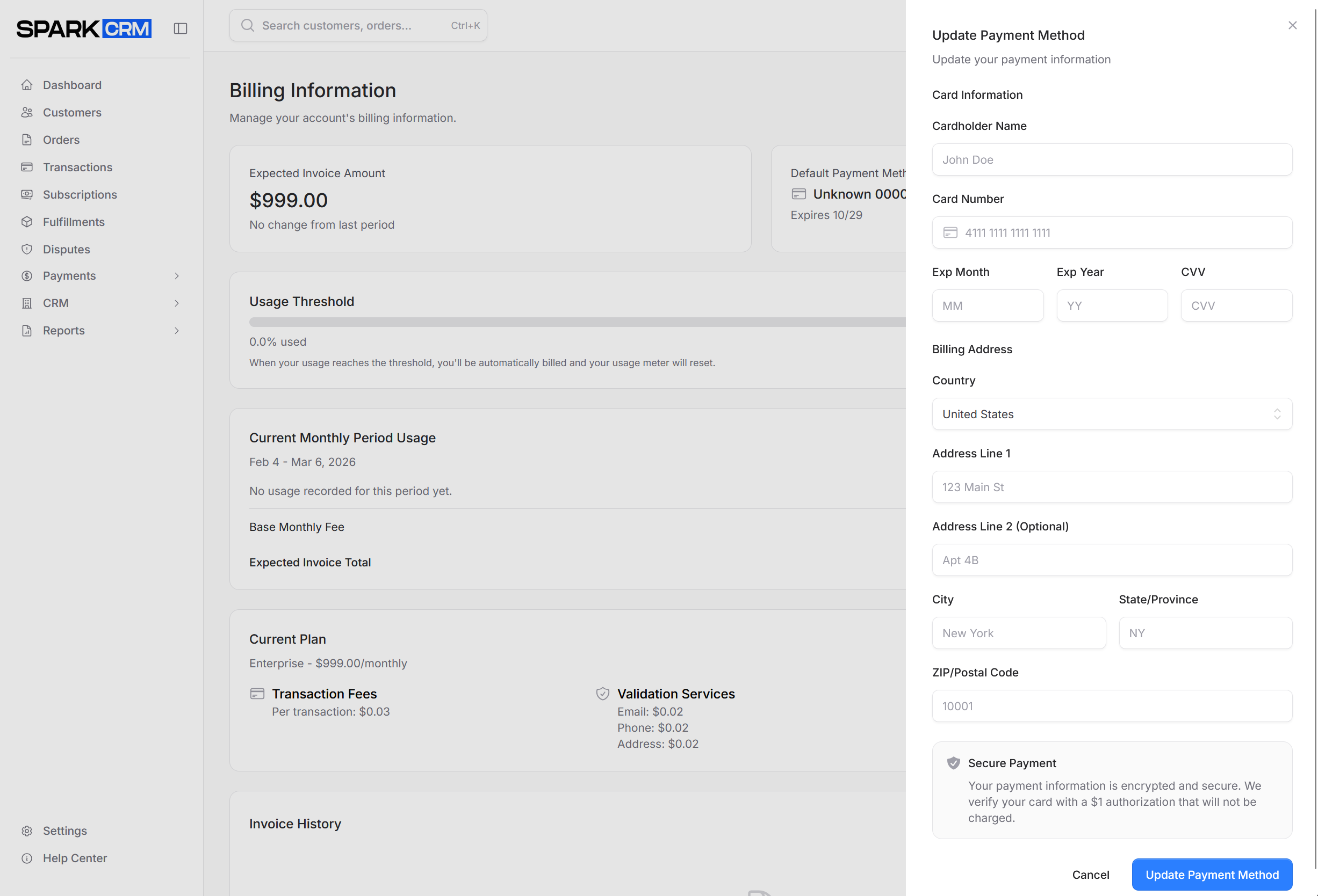 screenshot of payment methods section