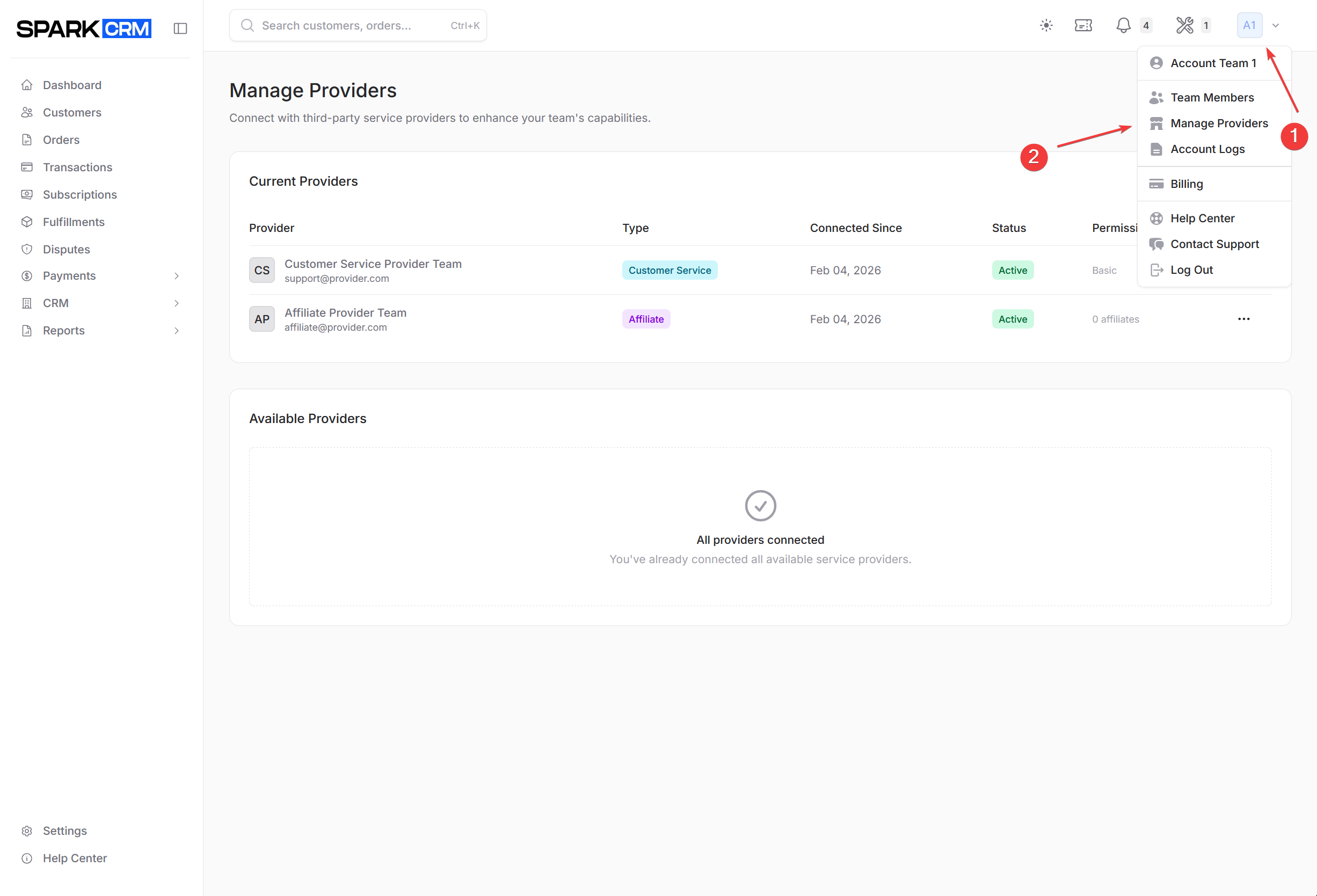 screenshot of team providers page