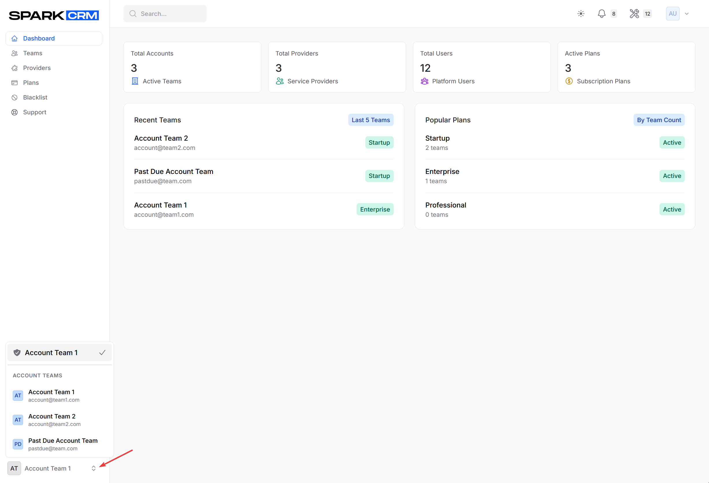 screenshot of team switcher dropdown