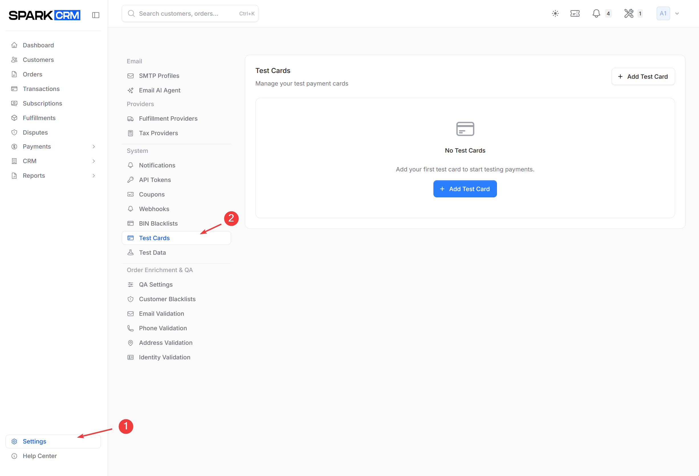 screenshot of Test Cards settings page