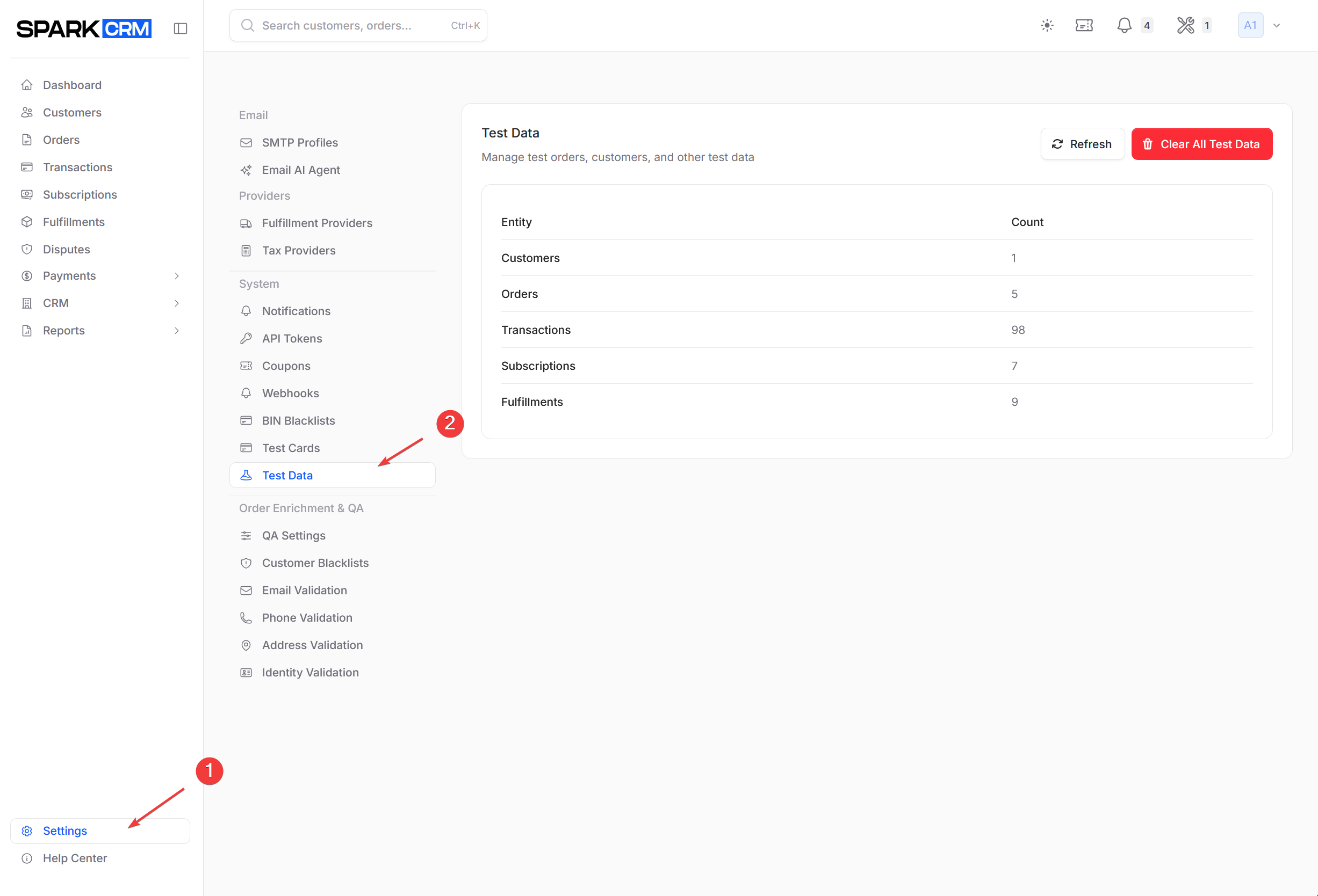 screenshot of Test Data settings page