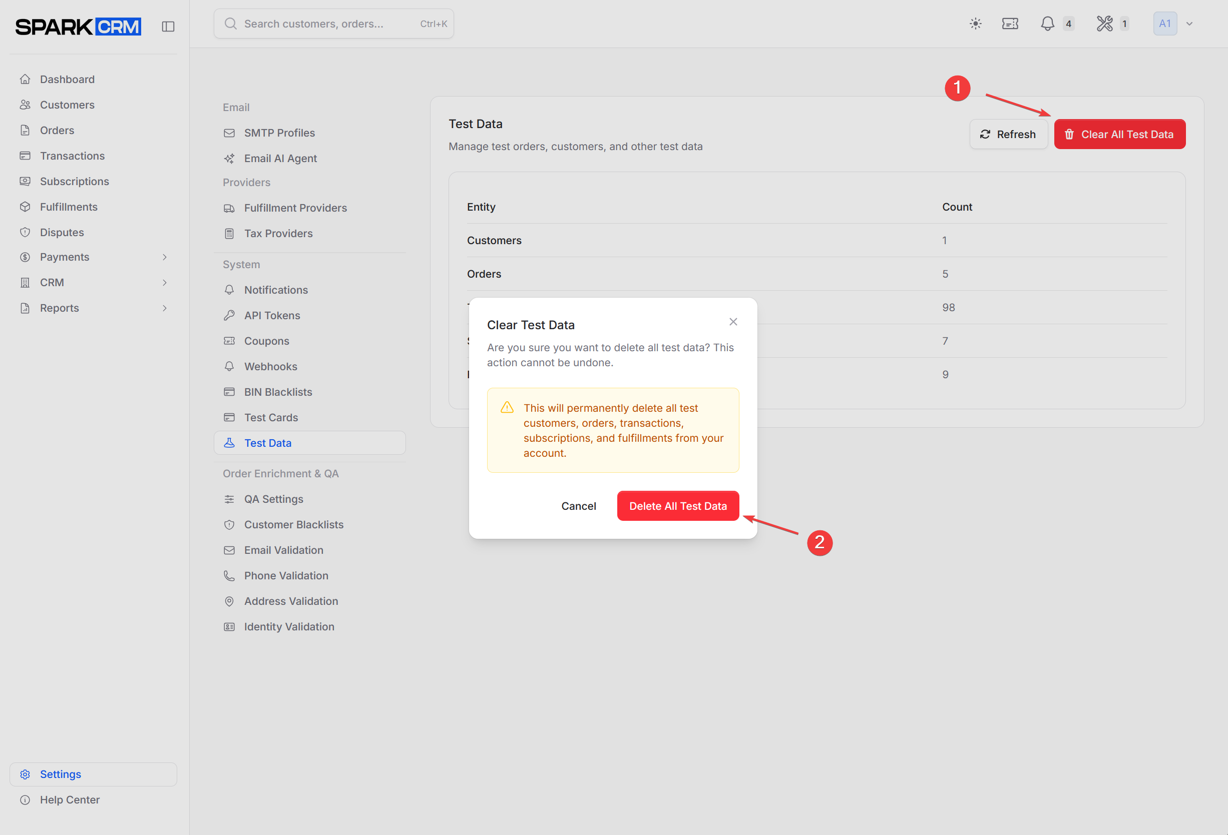 screenshot of clear test data