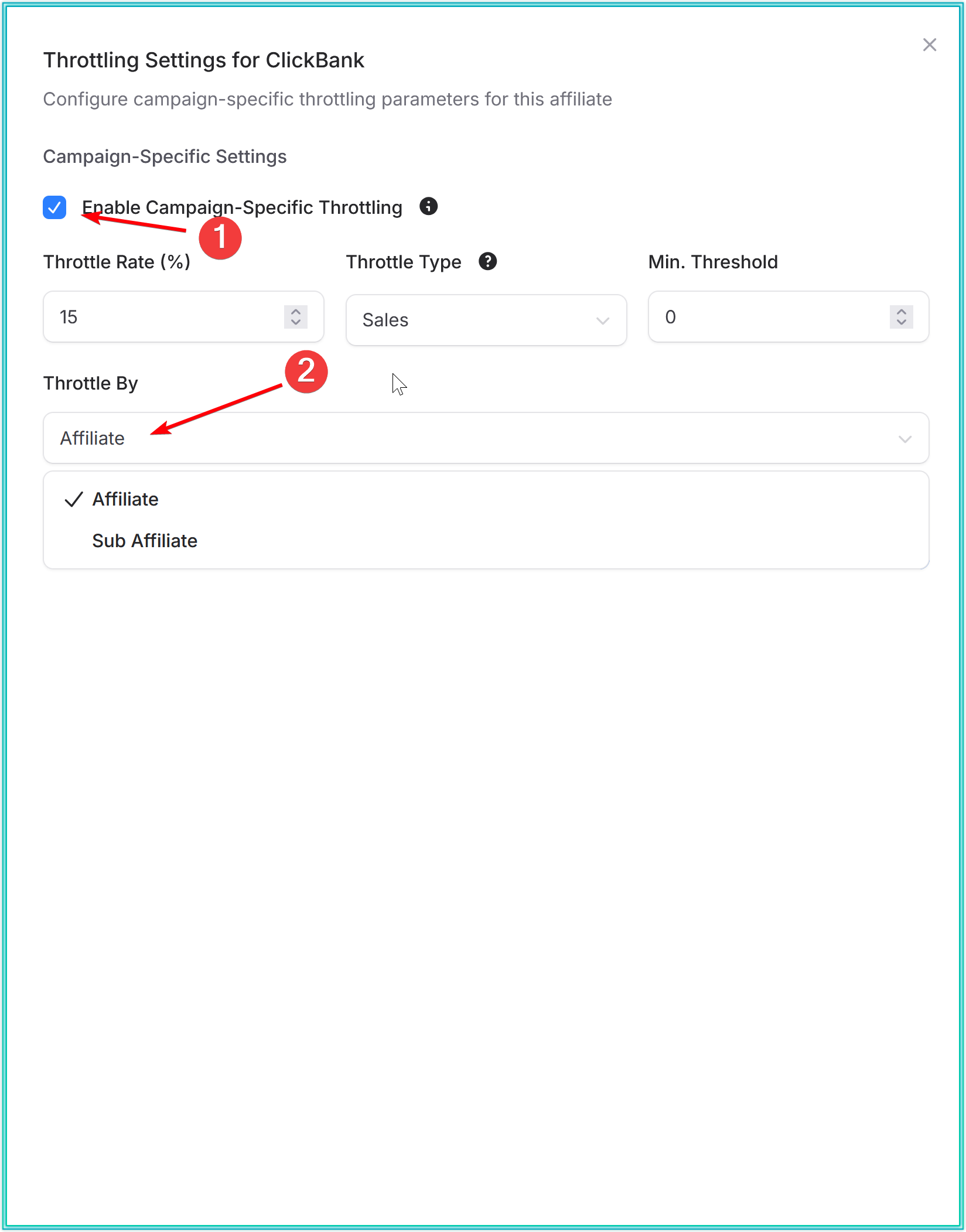 Enable Campaign-Specific Throttling toggle and affiliate/sub-affiliate selector