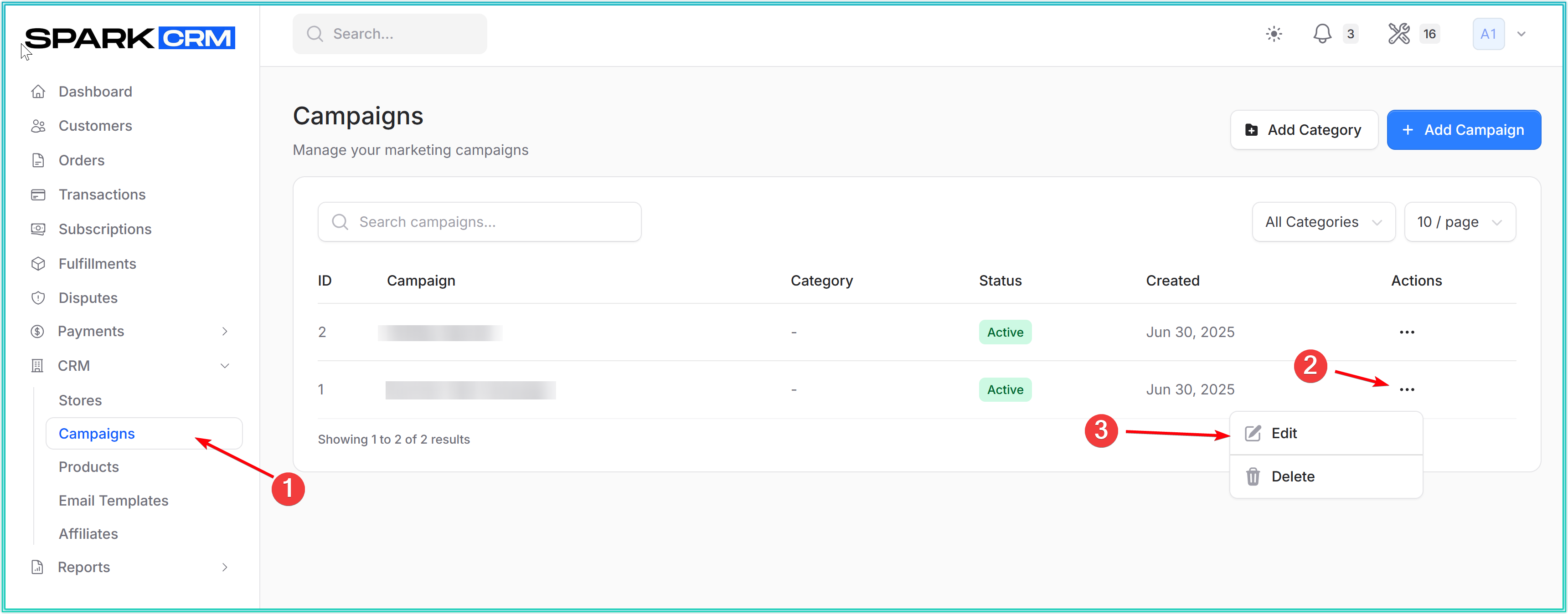 Campaign affiliates page showing affiliate list with three-dots menu