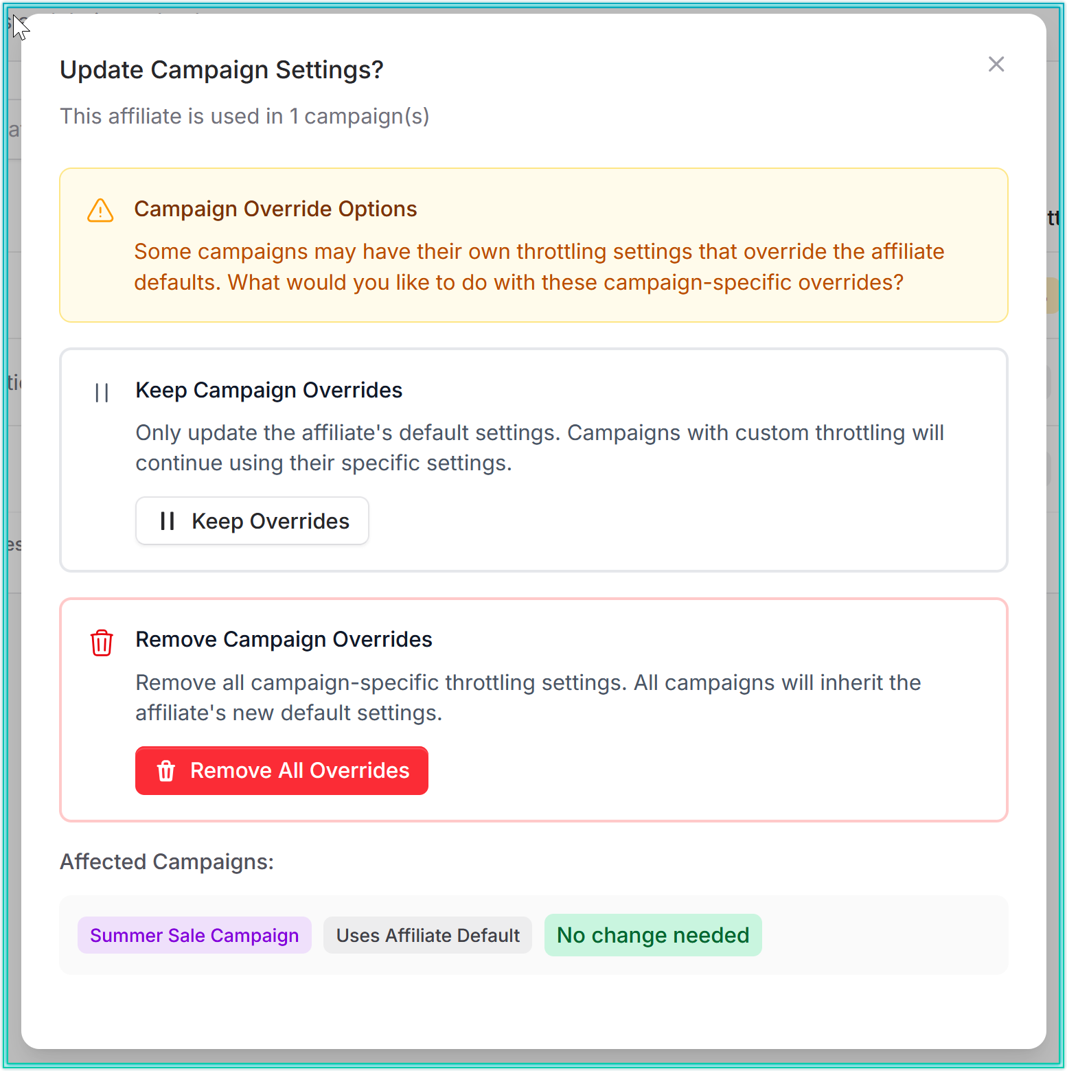 Update Campaign Settings modal showing options to keep or remove campaign overrides