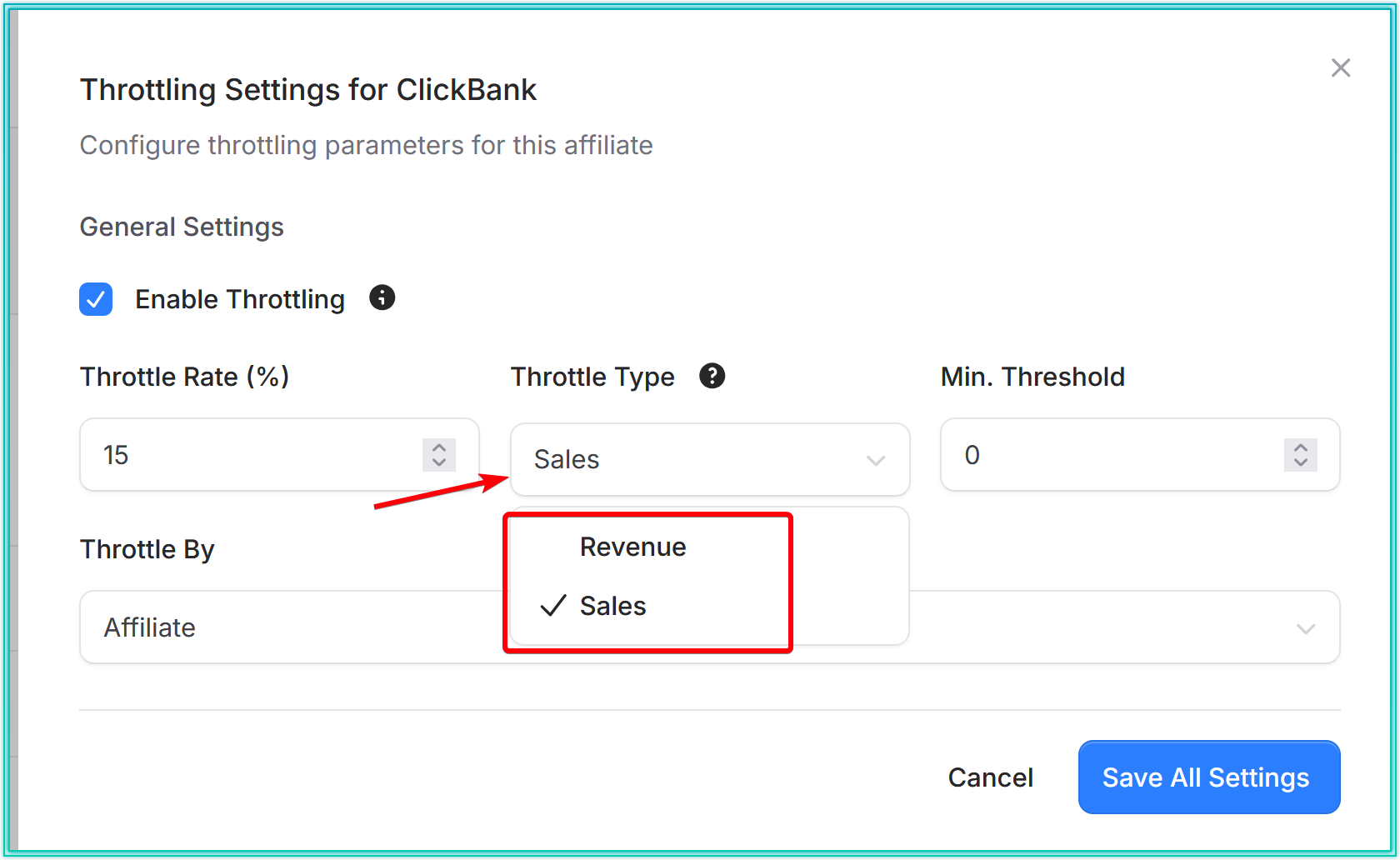 Top-level throttling settings modal showing fields for threshold and rate