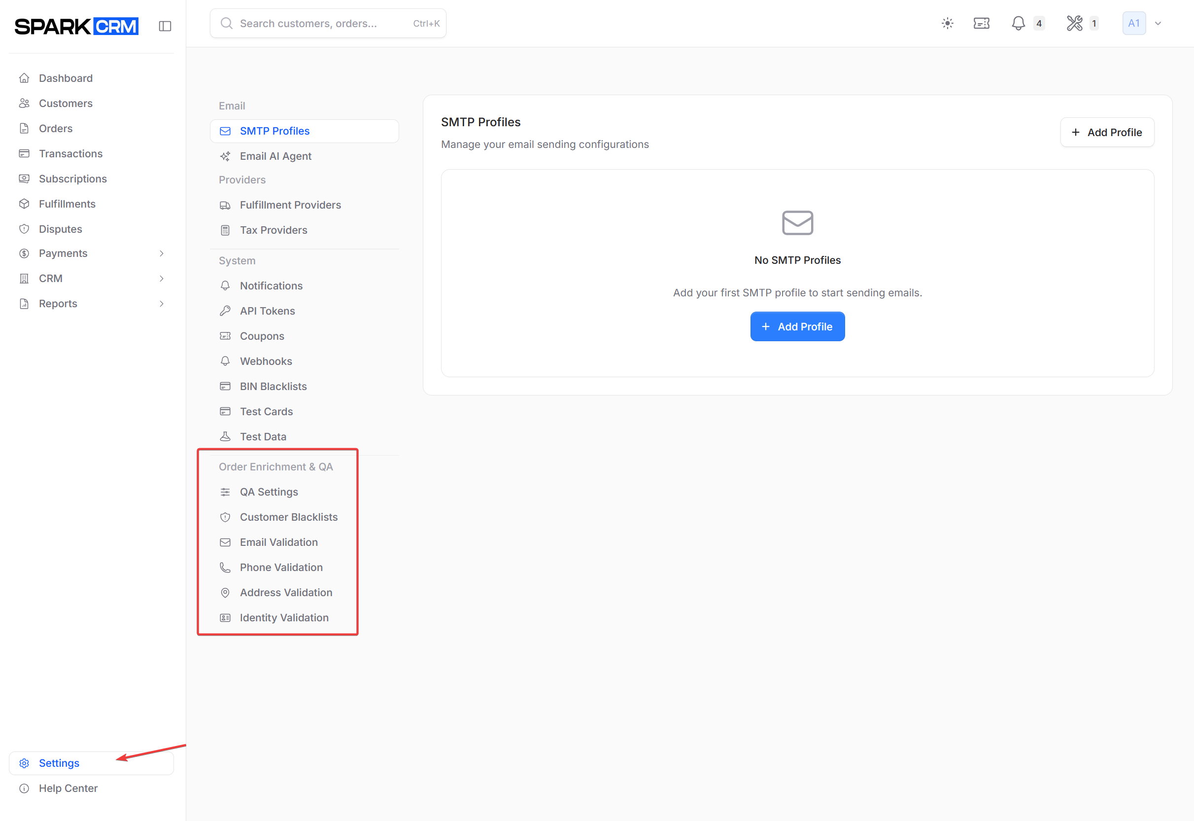 screenshot of email validation settings page