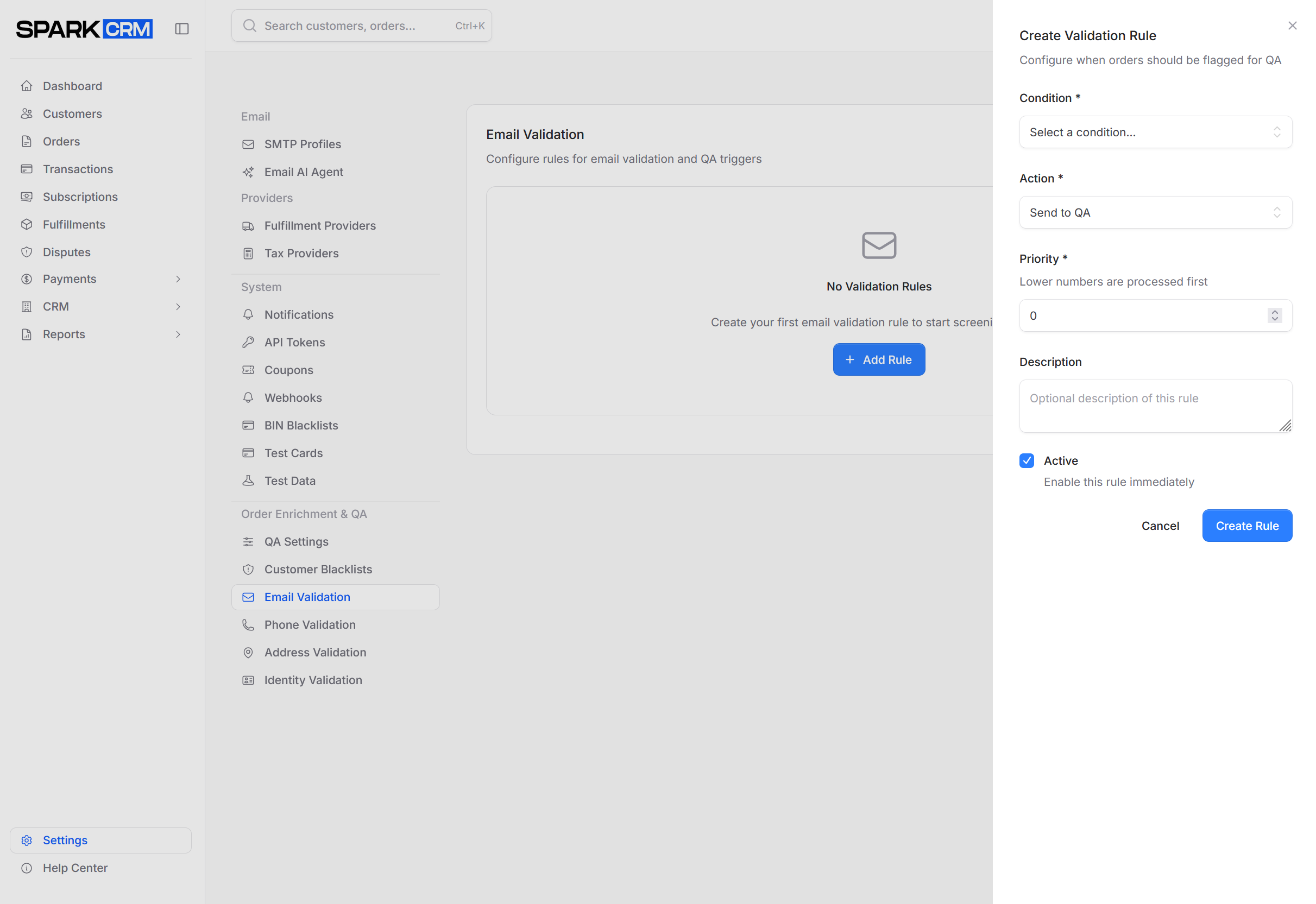 screenshot of email validation settings page