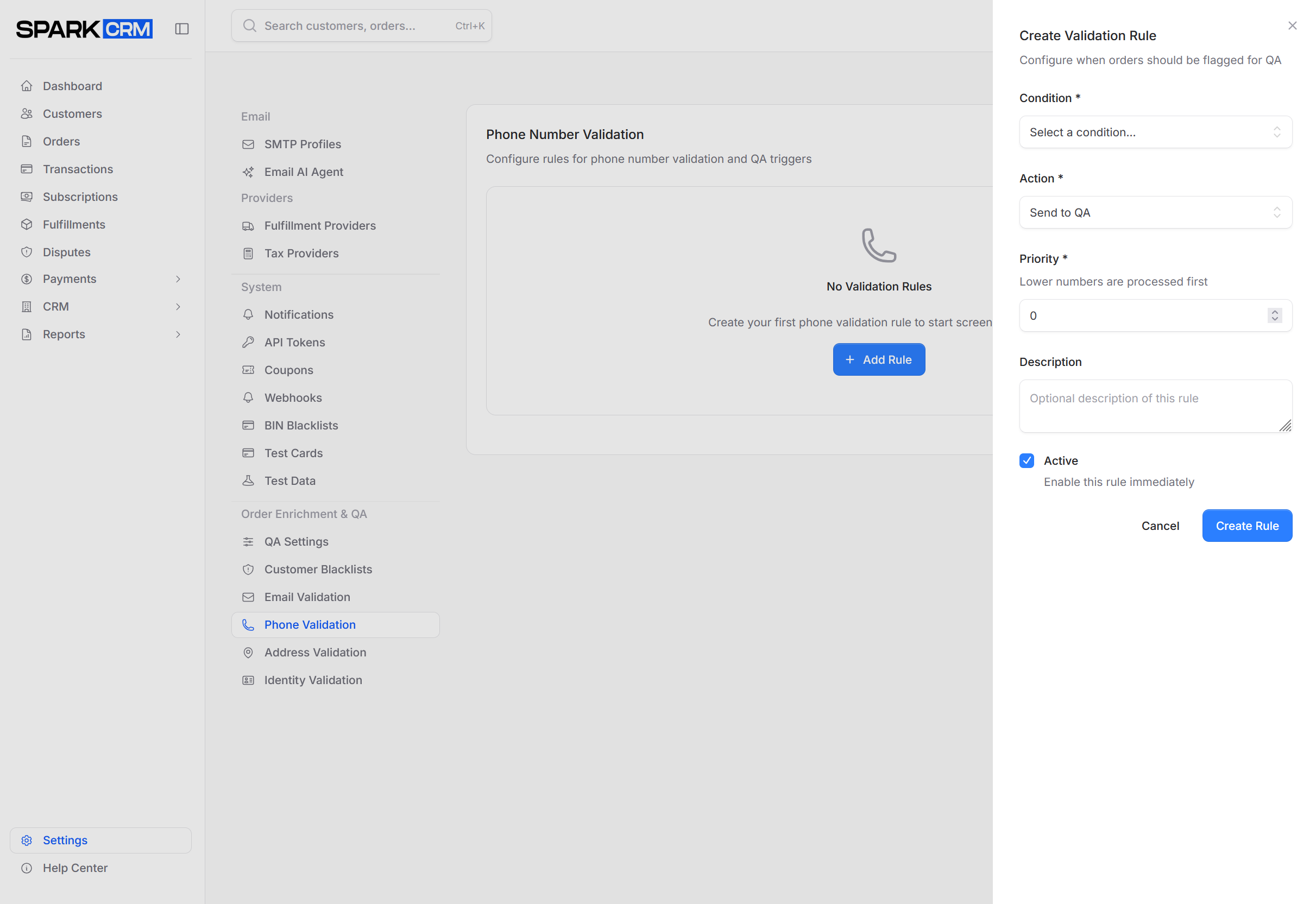 screenshot of phone validation settings page