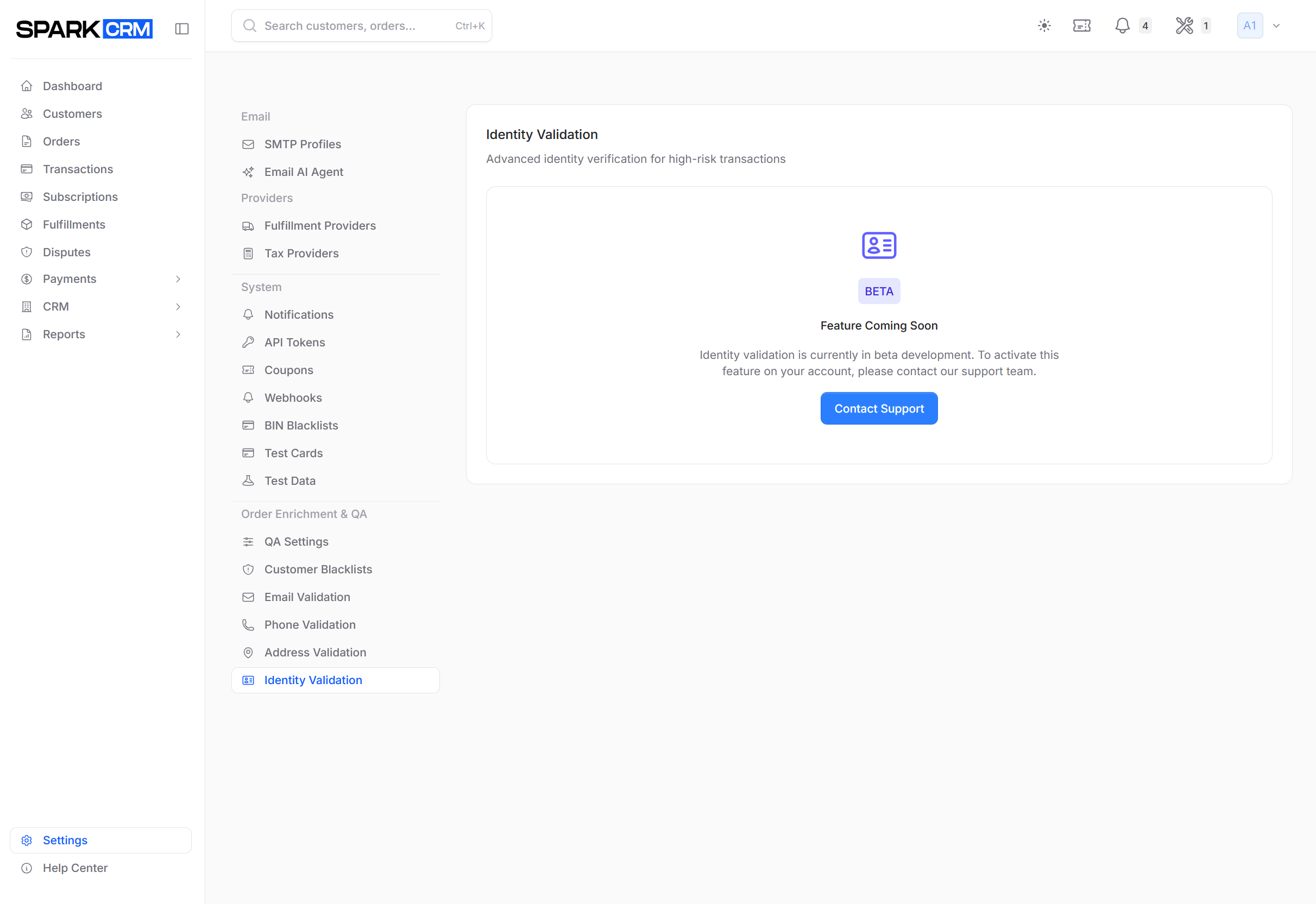screenshot of identity validation settings page