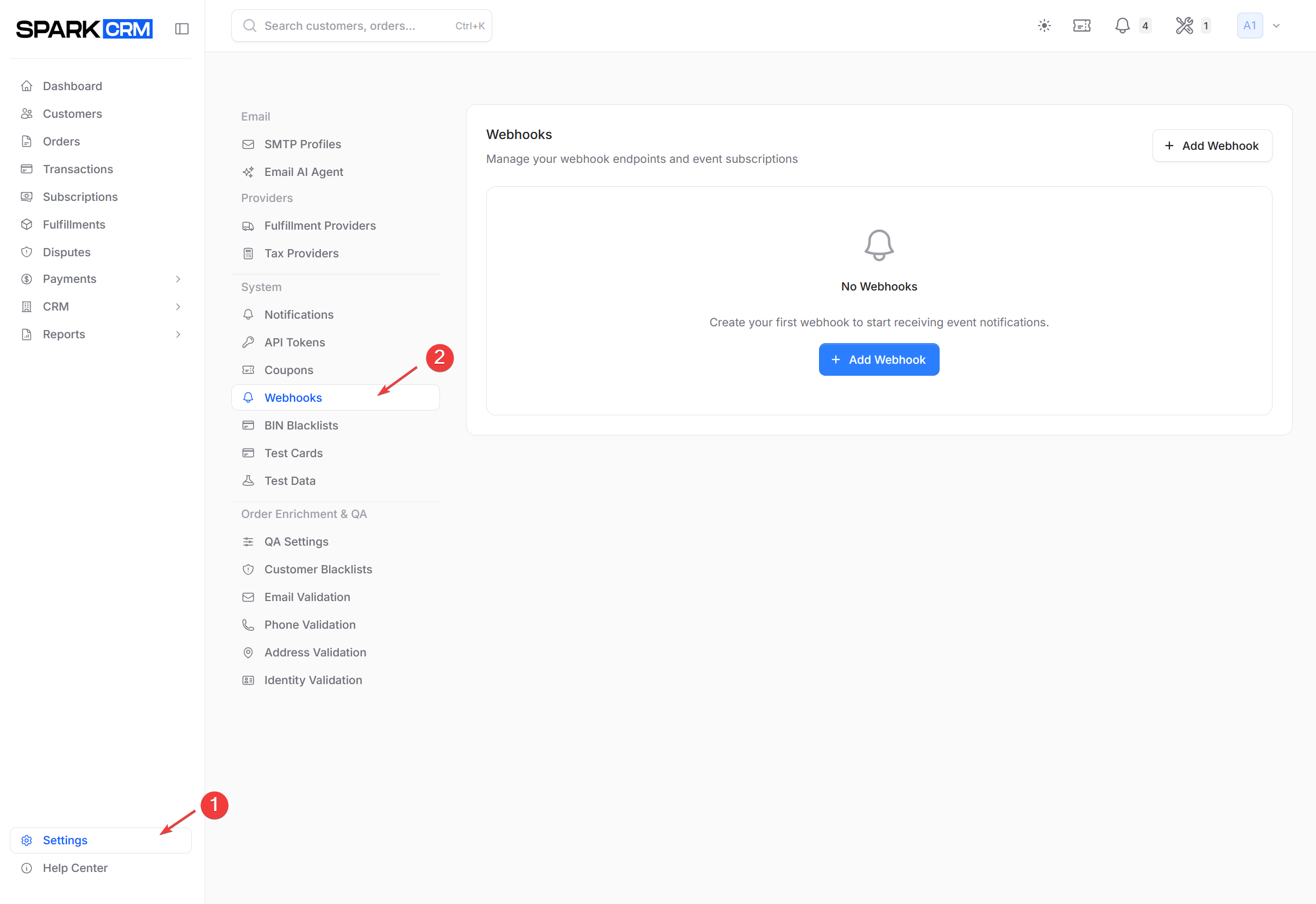screenshot of Webhooks settings page
