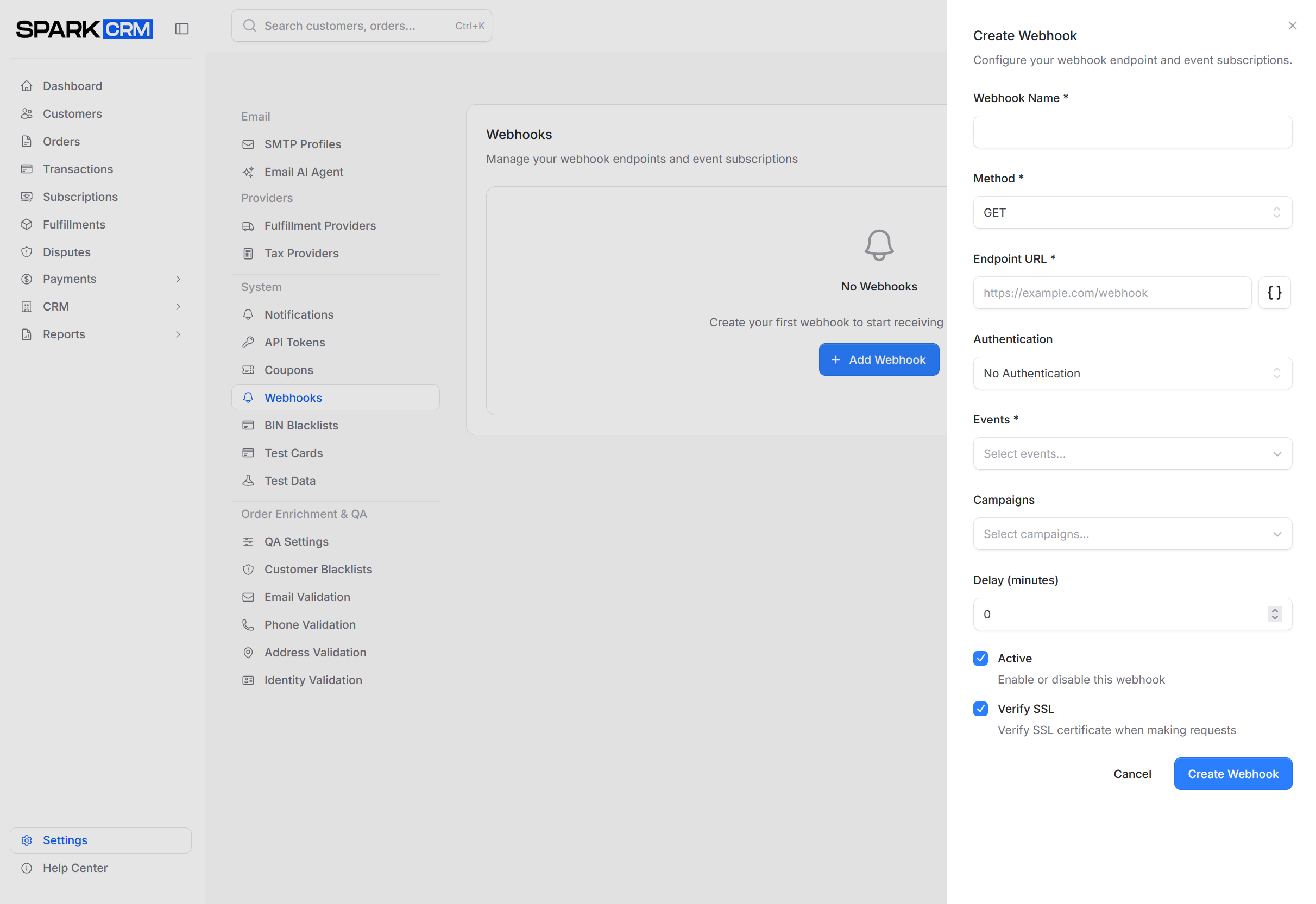screenshot of add webhook form